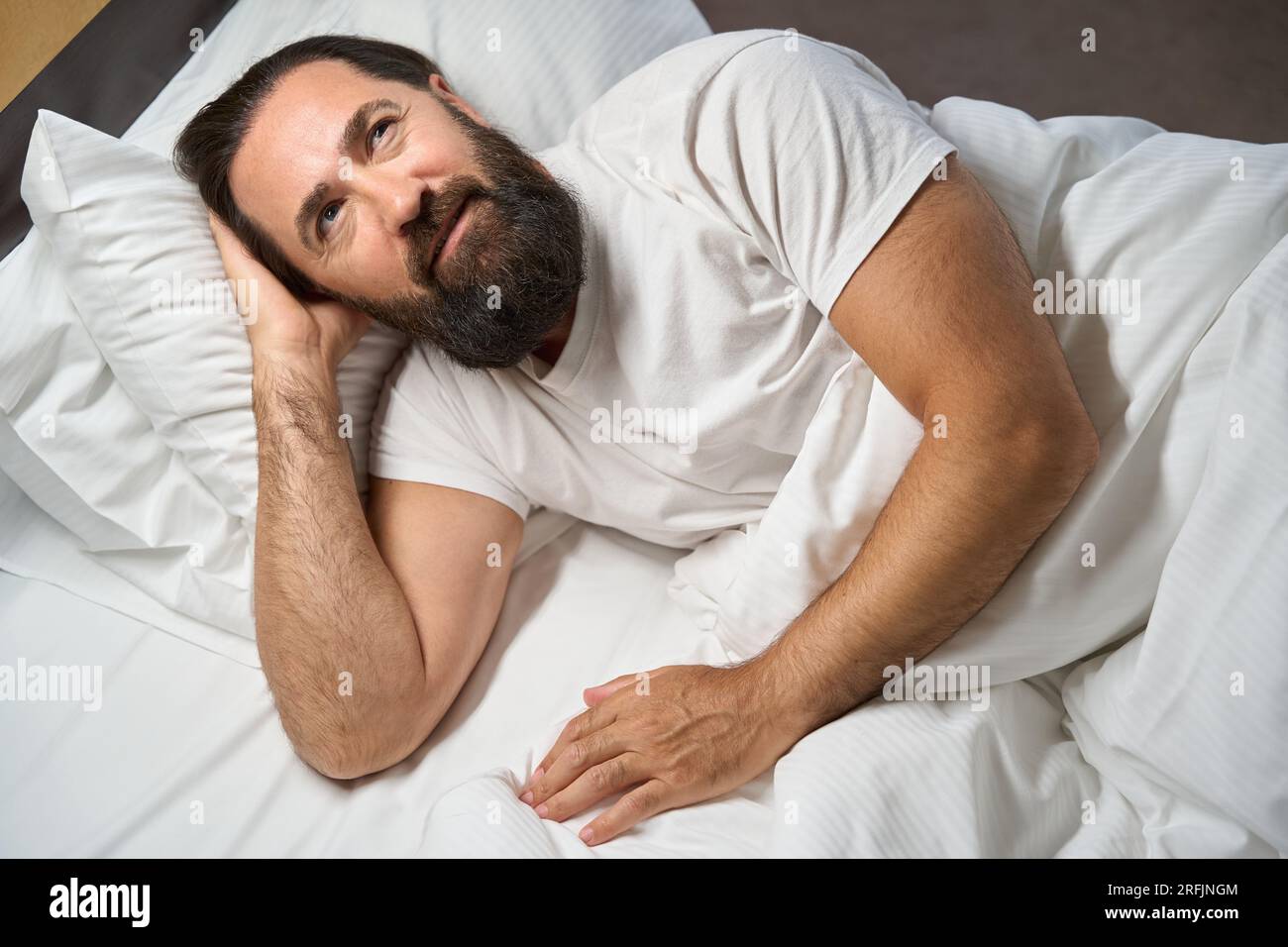 Bärtiger Rüde ruht in einem großen Bett Stockfoto