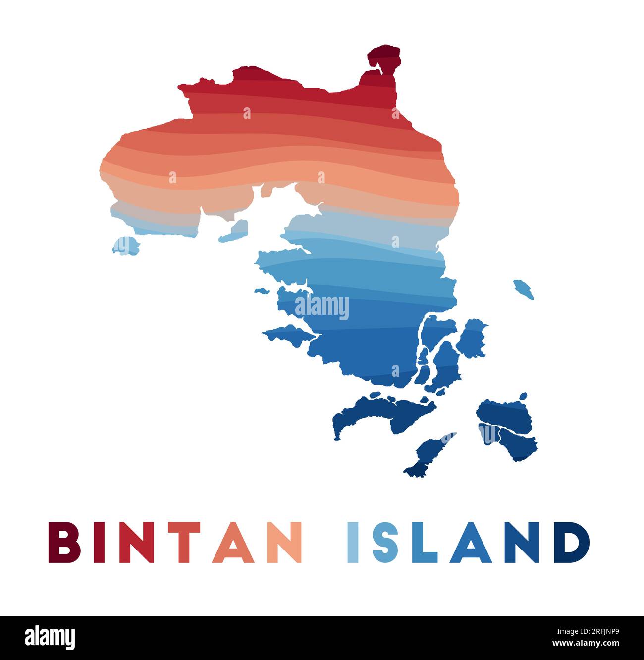 Karte der Insel Bintan. Karte der Insel mit wunderschönen geometrischen Wellen in rot-blauen Farben. Lebendige Bintanform. Vektordarstellung. Stock Vektor