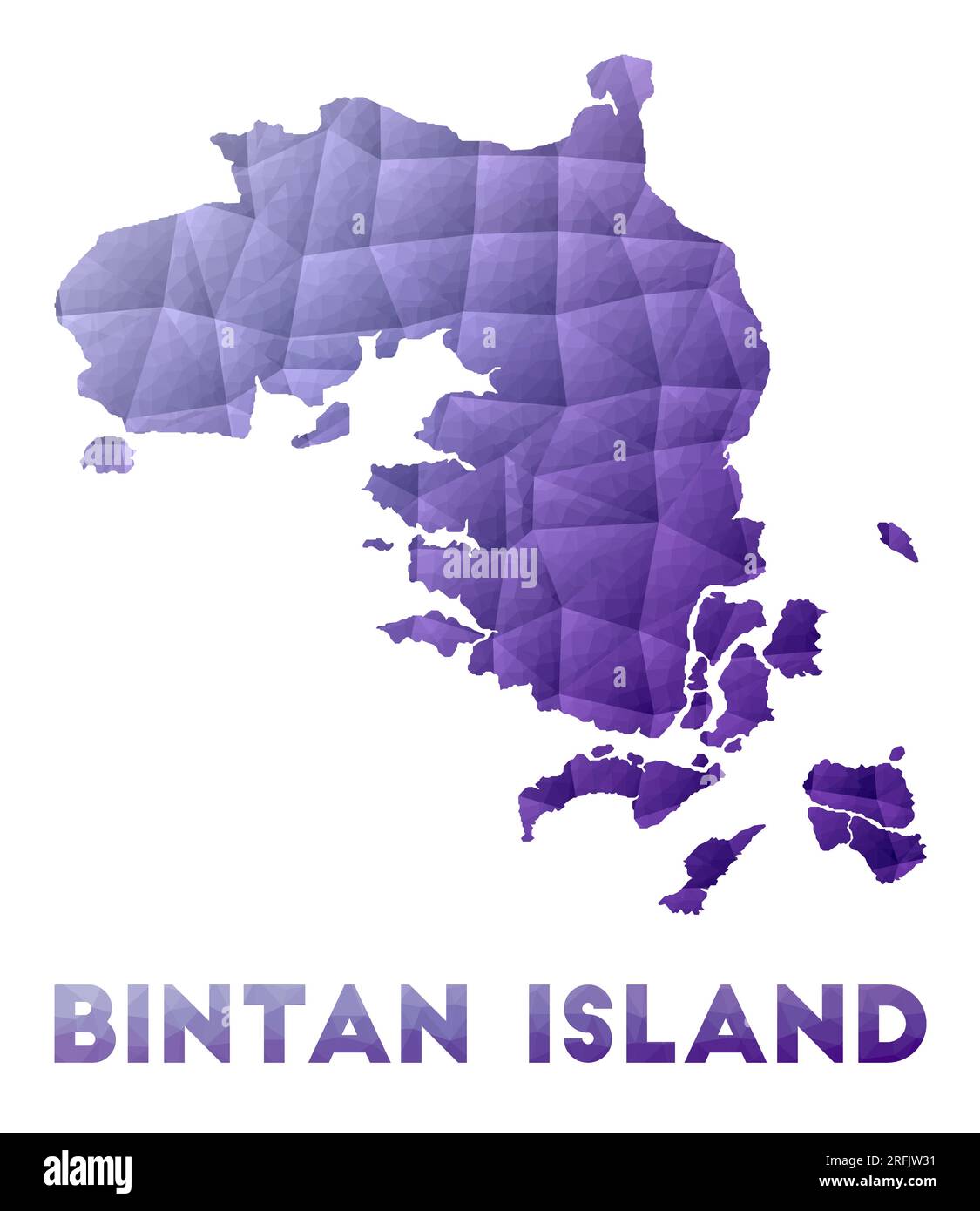 Karte der Insel Bintan. Niedrige Poly-Darstellung der Insel. Lilafarbenes geometrisches Design. Darstellung des polygonalen Vektors. Stock Vektor