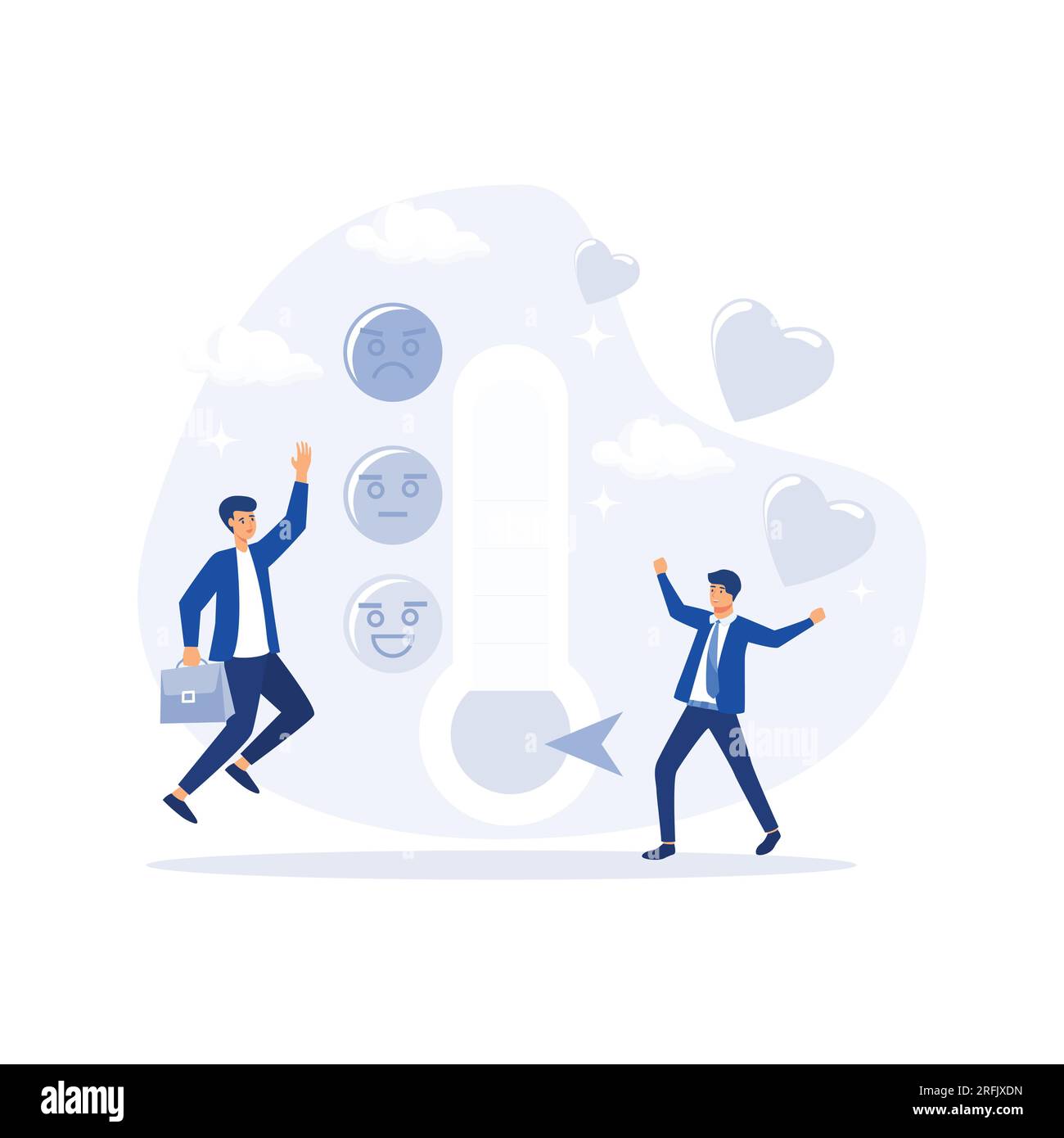 Thermometer als Stresspegel-Skalen-Emotionen, energiegeladene Geschäftsfrau, die mit dem Computer am Tisch arbeitet. Flache, moderne Vektordarstellung Stock Vektor