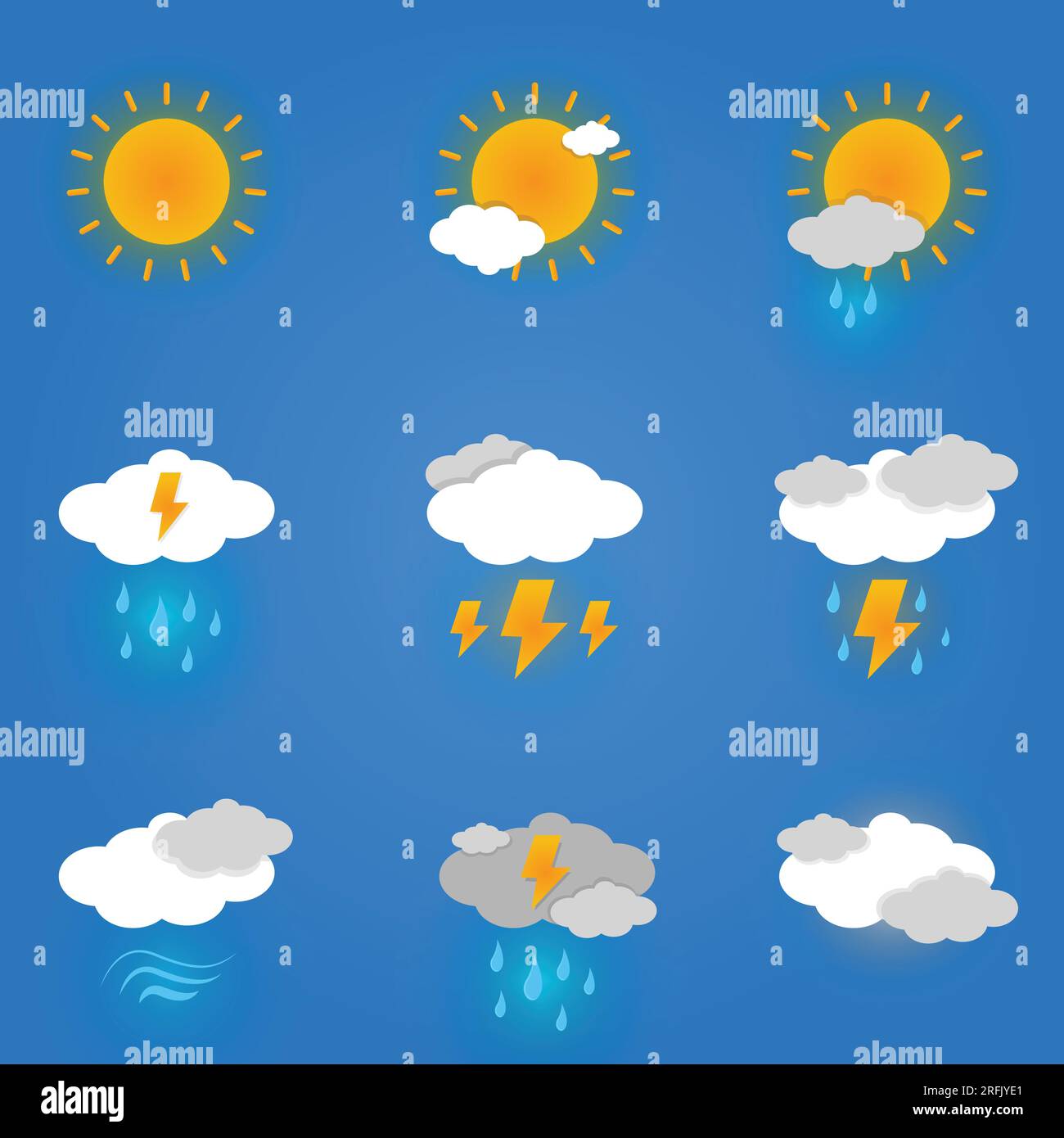 Niedliche Wetter-Cartoon-Style-Ikonen Kollektion Set, aufklebende Wettersymbole isoliert auf blauem, abgestuftem Hintergrund Stock Vektor