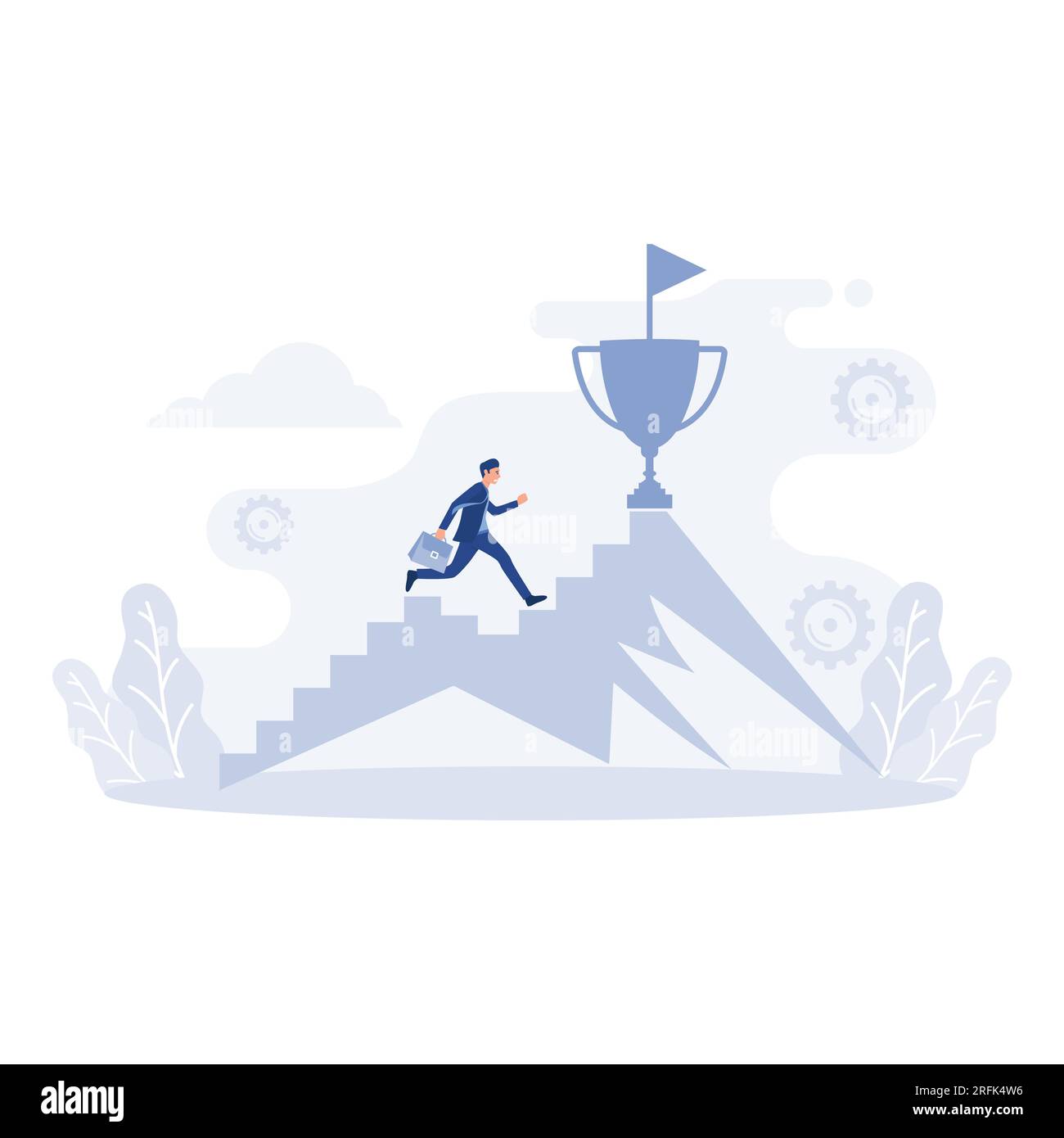 Geschäftsmann springt auf dem Diagramm zum Tor. Trophäen auf dem Berg, flache Vektorgrafik, moderne Illustration Stock Vektor
