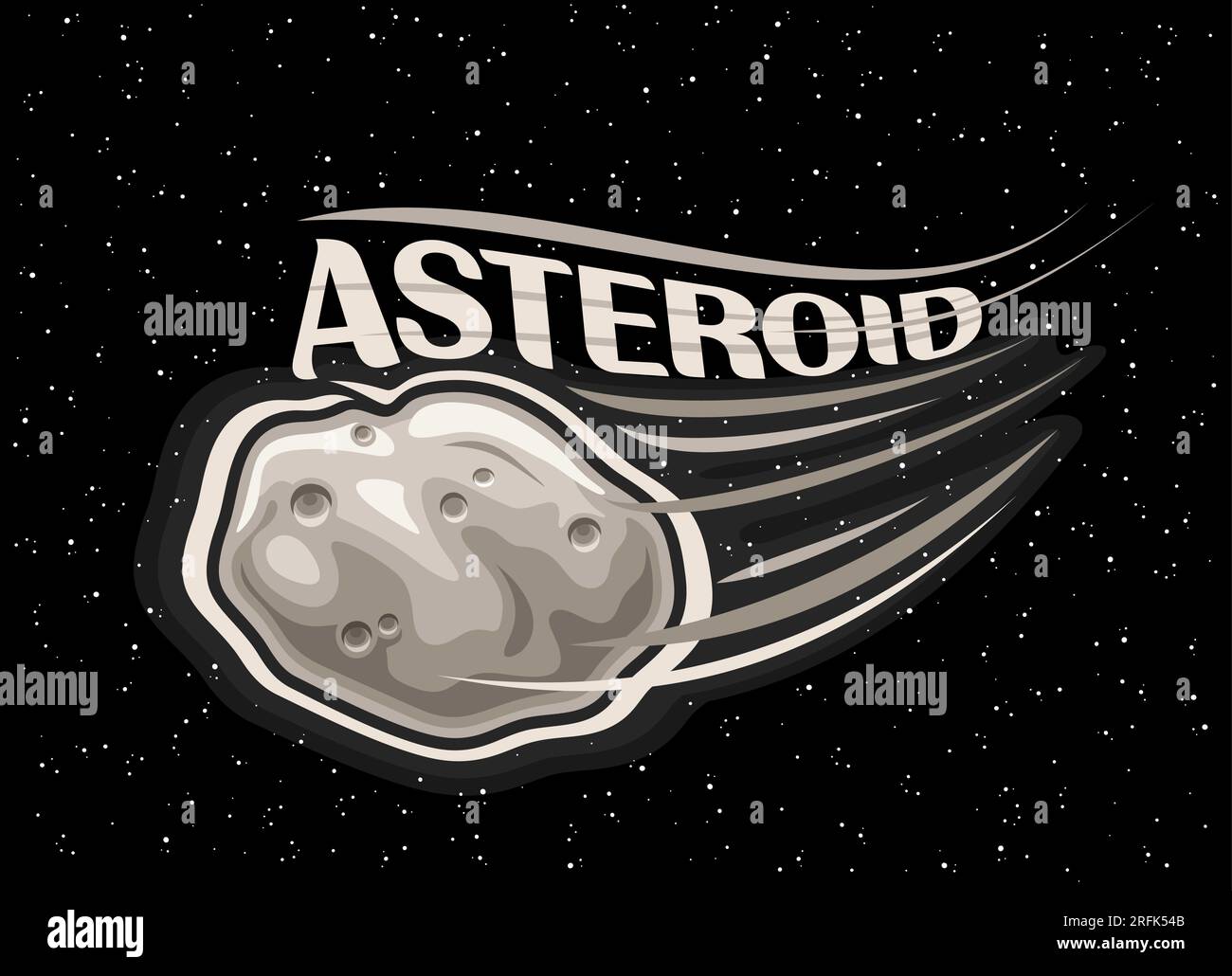 Vektordarstellung eines Asteroids, horizontales astronomisches Poster mit schießendem Felsenaseroid, Linienart-cosmo-Druck mit futuristischem Meteor im Weltraum Stock Vektor