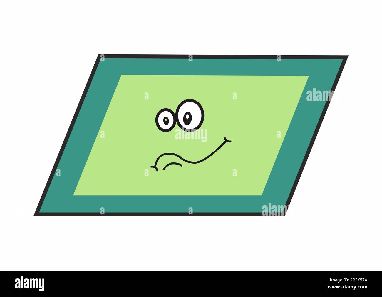 Ein verspieltes Parallelogramm im Cartoon-Stil mit grünem Verlauf, großen ausdrucksstarken Augen und einem schrulligen Lächeln. Perfekt für pädagogisches oder kreatives Design. Stockfoto