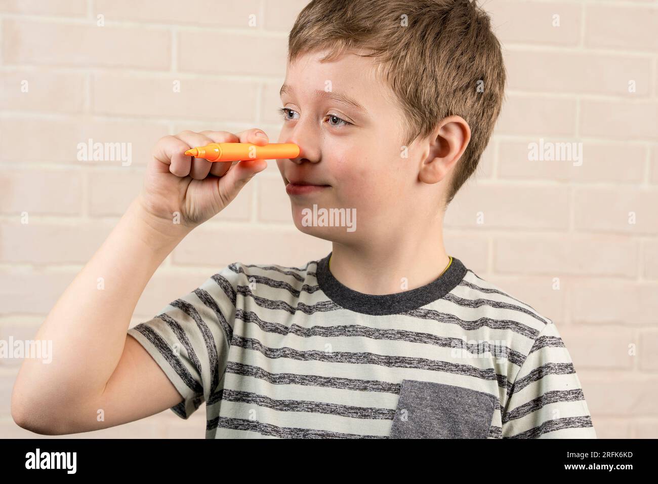 Ein glücklicher, weißer Junge im Schulalter macht mit einem orangefarbenen Marker an der Nase rum. Das Konzept des Studiums, der schulischen Aktivitäten und des Unterrichts Stockfoto