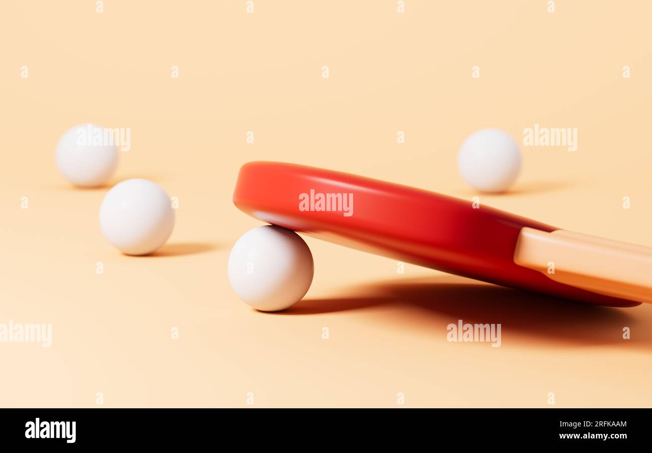 Cartoon-Tischtennis im gelben Hintergrund, 3D-Rendering. Digitale Zeichnung. Stockfoto