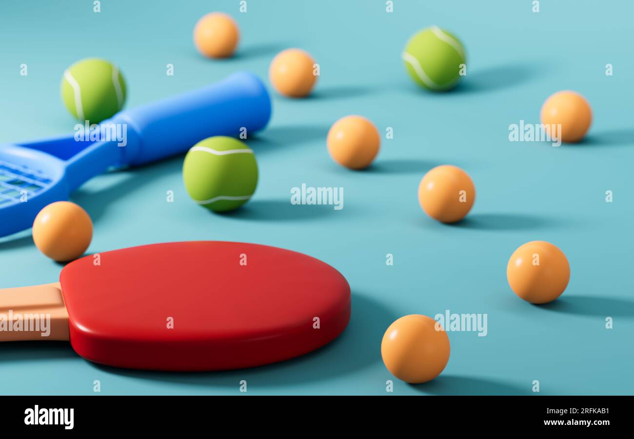 Cartoon-Tennis und Ping-Pang im grünen Hintergrund, 3D-Rendering. Digitale Zeichnung. Stockfoto