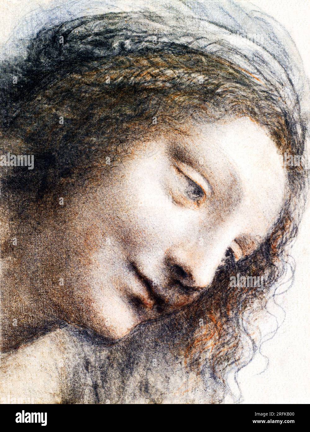 Der Kopf der Jungfrau in Dreiviertelansicht, nach rechts gezeichnet in hoher Auflösung von Leonardo da Vinci. Original aus dem MET Museum. Stockfoto
