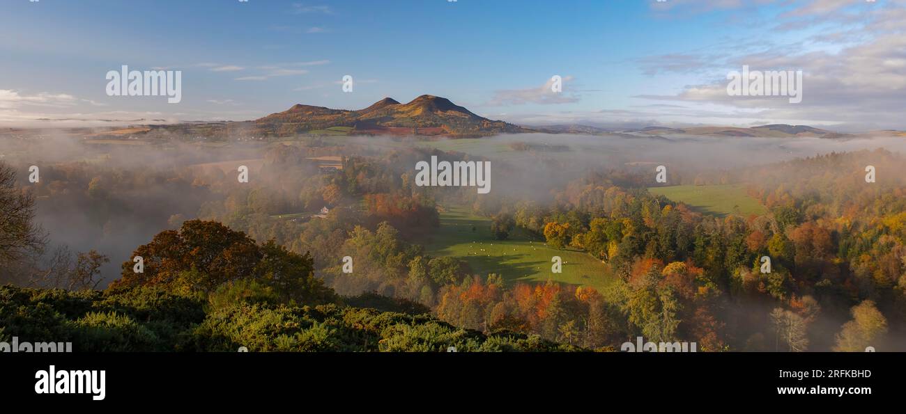 Eildon Hills Panorama, Herbstnebel Stockfoto