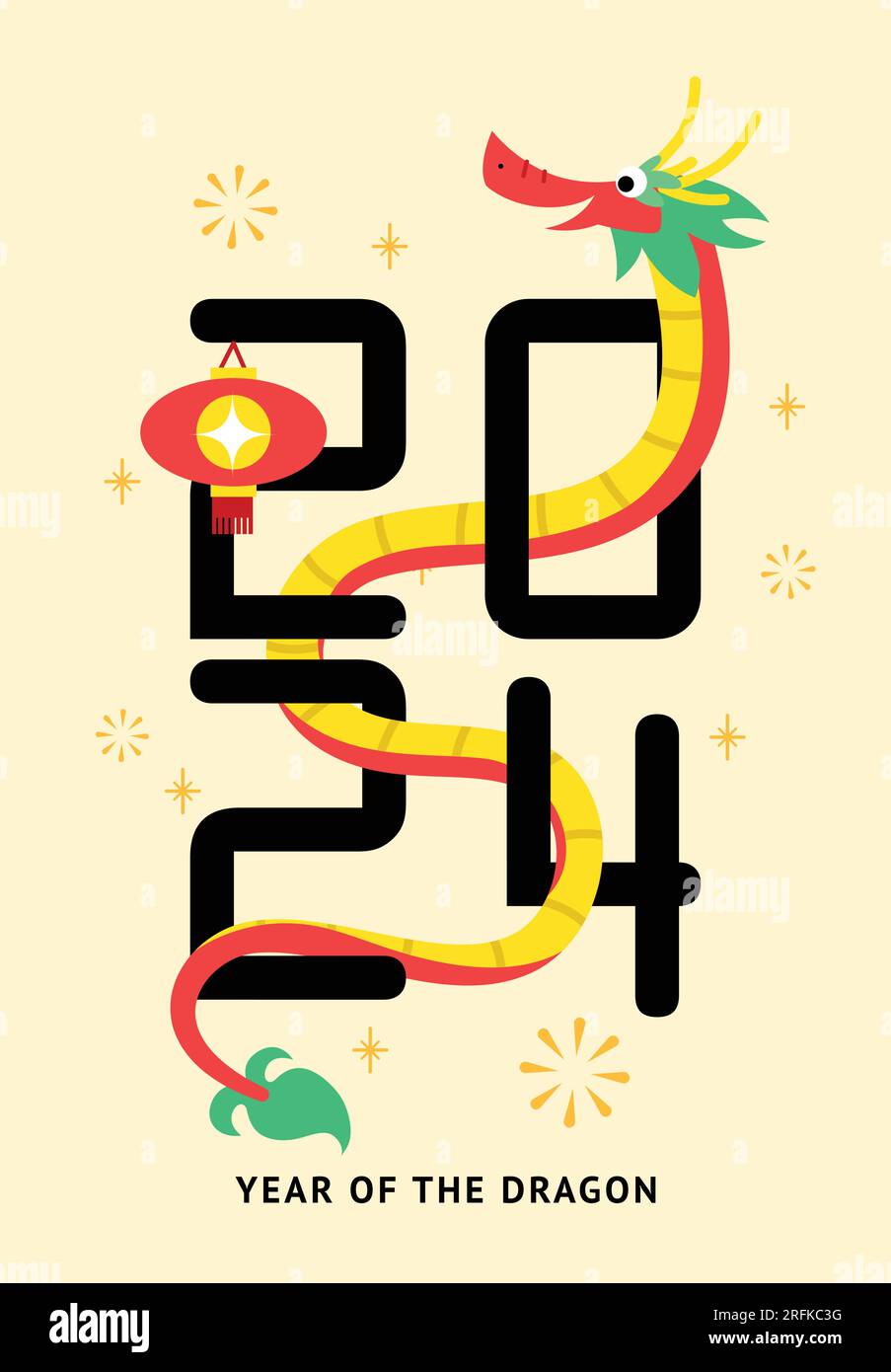 Lustiges Mondjahr des Drachen-Cartoon-Karten-Vektordesign. Zodiakdrache mit chinesischer Papierlaterne, stilisierter asiatischer Drache. Stock Vektor