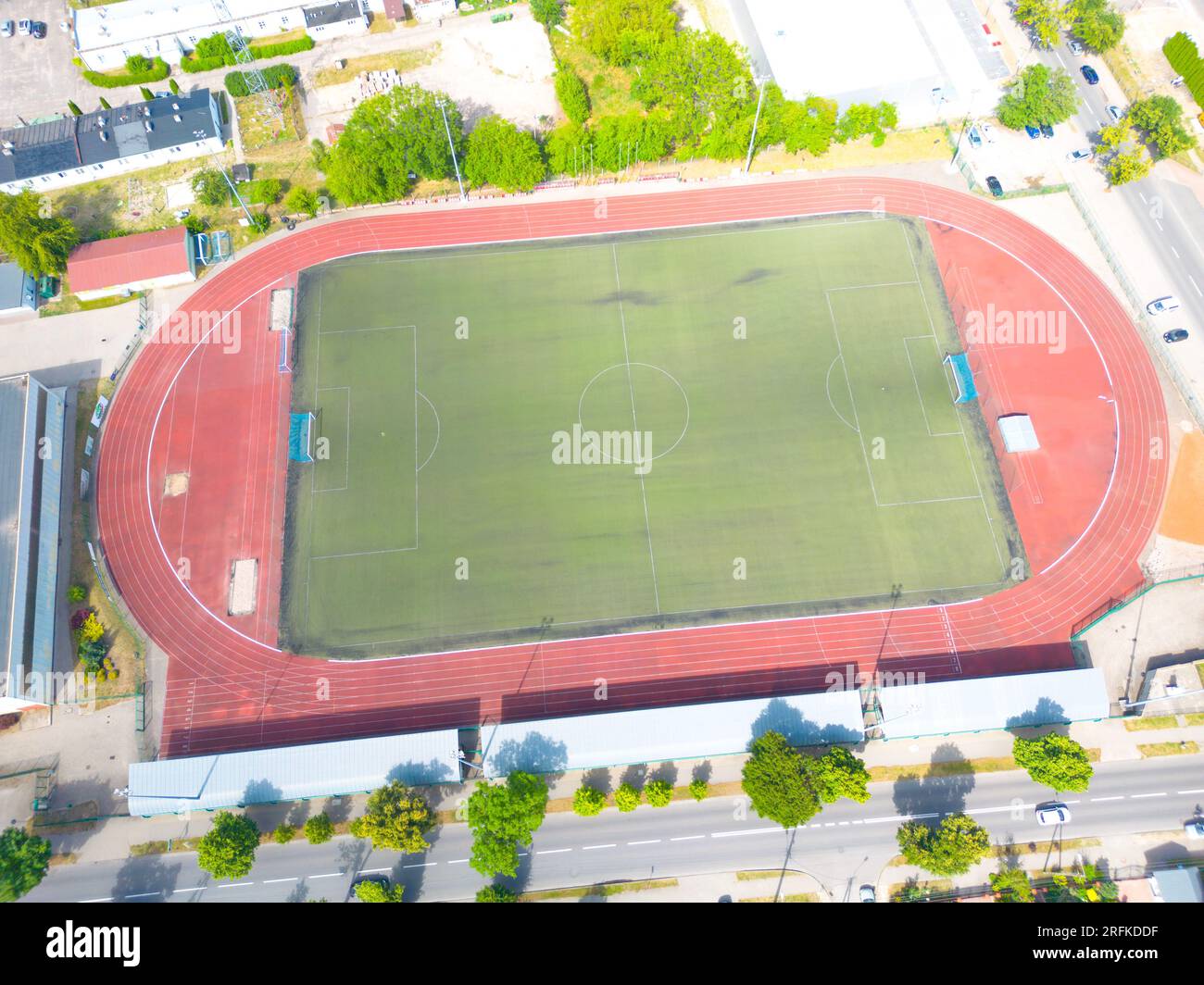 Luftaufnahme eines ganzen Stadions mit dem Fußballmeister Stockfoto