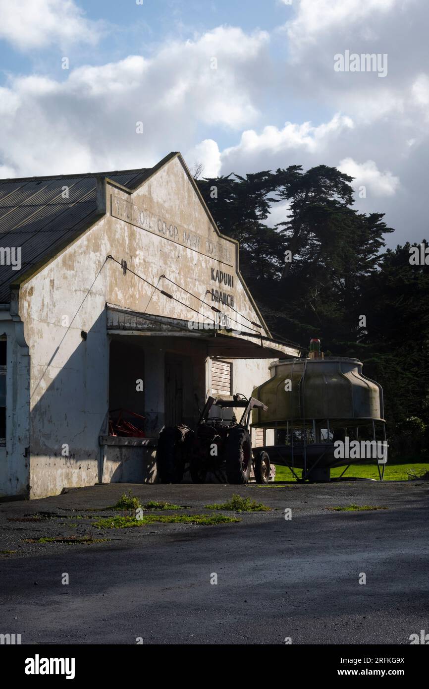 Alte Milchfabrik, Taranaki, Nordinsel, Neuseeland Stockfoto