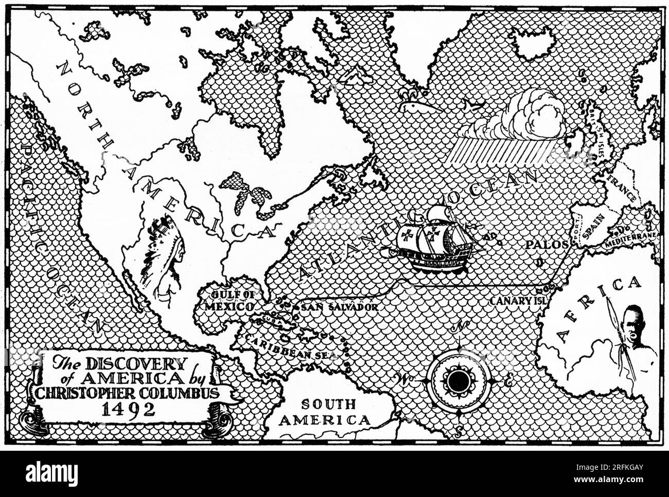 Die Entdeckung Amerikas von Christoph Kolumbus, 1492. Eine Karte von Christoph Kolumbus' Reise nach Amerika. Stockfoto