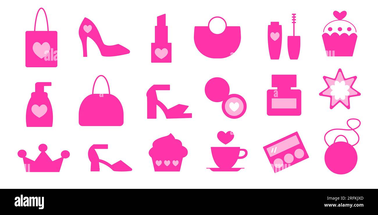 Beauty Accessoires Pink Puppe Symbole Set. Mädchen-Kit Stock Vektor