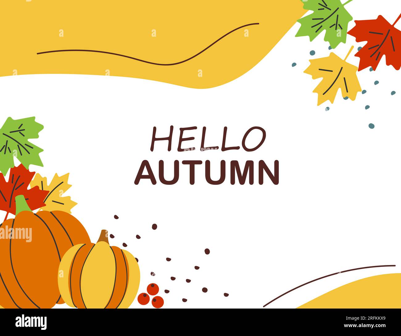 Hallo Herbstbanner oder Grußkarte für die Herbstferien. Kürbisse, Inschriften, Blätter und Ahorn in flachem Stil. Saisonale Vektordarstellung Stock Vektor