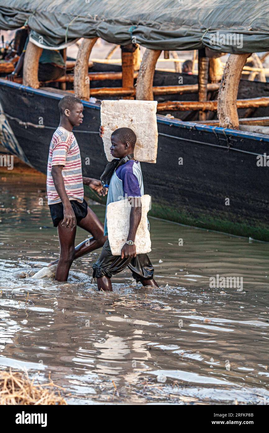 Mann trägt eine Salzplatte auf der Schulter. Das Salz kommt mit Kamelen aus den Salzminen von Taoudeni. Mopti, Mali, Westafrika Stockfoto