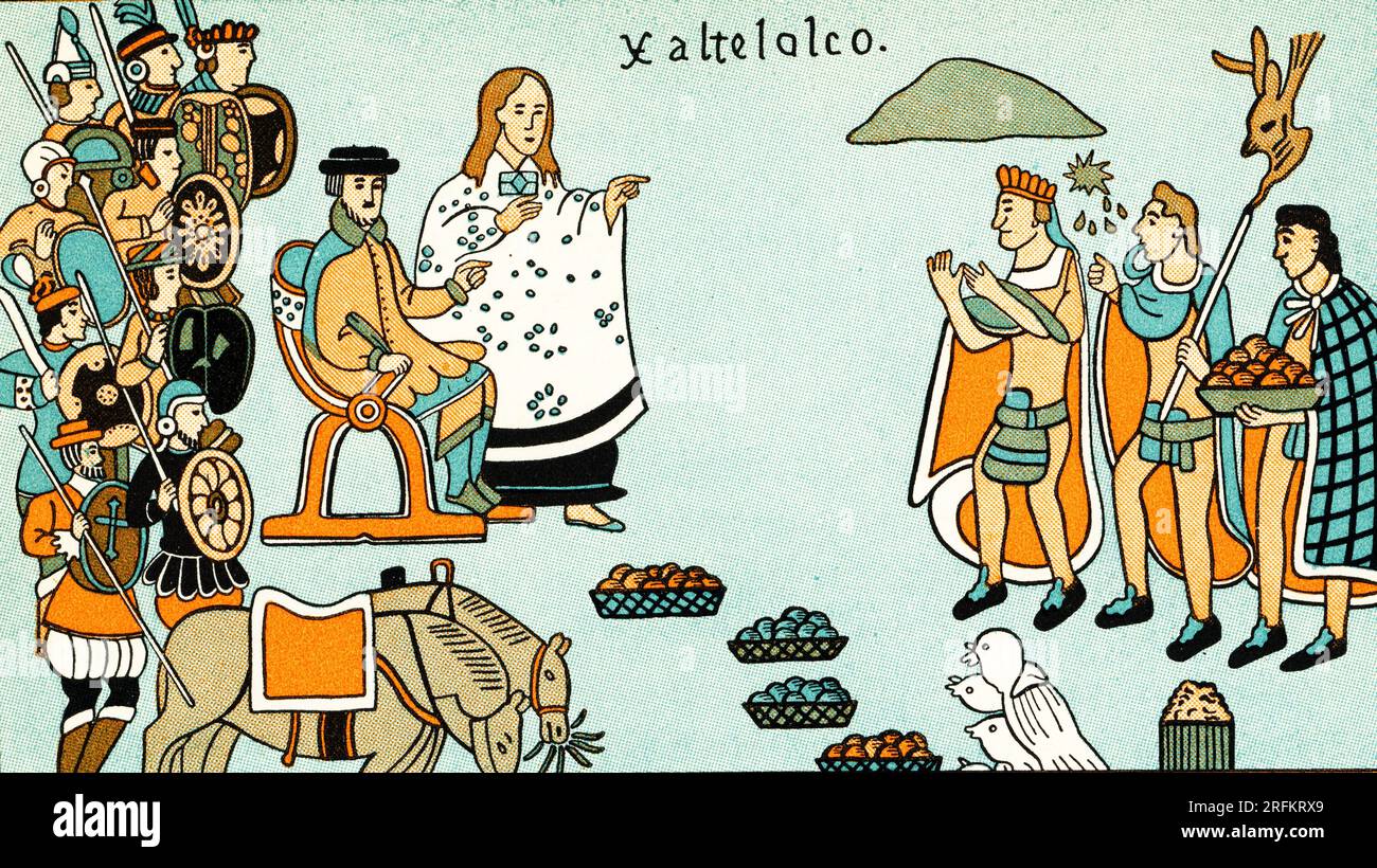 Hernan Cortes (1485-1547), spanischer Conquistador, mit seinem Dolmetscher La Malinche (C1500-c1529) und Azteken. Nach einer Illustration in der Geschichte von Tlaxcala, Codex, c1585. Die Geschichte von Tlaxcala ist ein illustrierter Kodex, der die religiöse, kulturelle und militärische Geschichte des tlaxcalanischen Volkes beleuchtet und von Diego Muñoz Camargo (c1529-1599) geschrieben wurde. Stockfoto