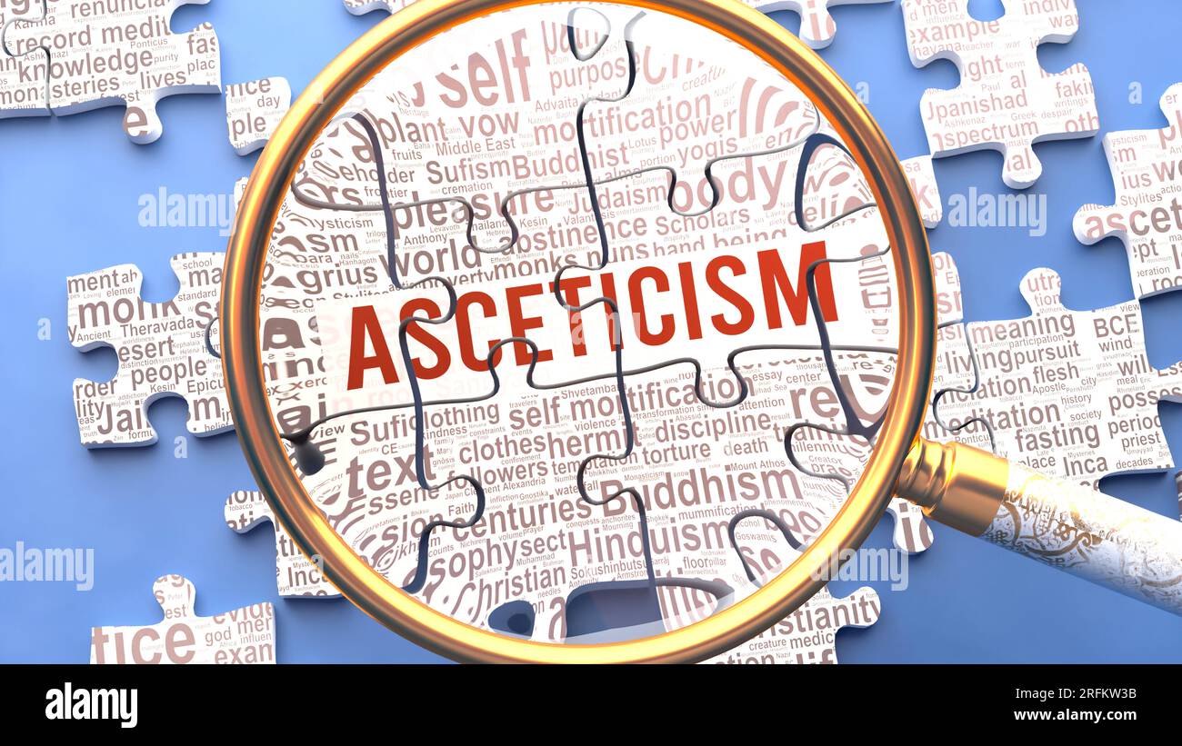 Aszetismus wird genau untersucht, zusammen mit mehreren Konzepten und Ideen, die direkt mit Aszetismus zusammenhängen. Viele Teile eines Puzzles bilden eins, verbunden Stockfoto