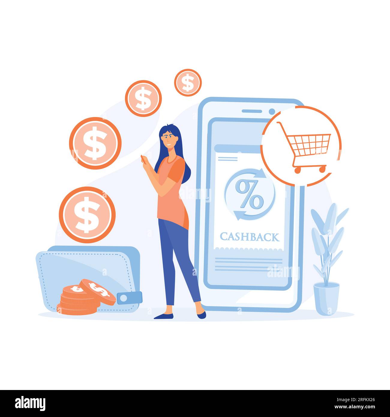 Cashback im Bankensystem über das Internet. Bargeld aus Einkäufen im Online-Shop bis zur großen Geldbörse. Flache Vektoren, moderne Illustration Stock Vektor