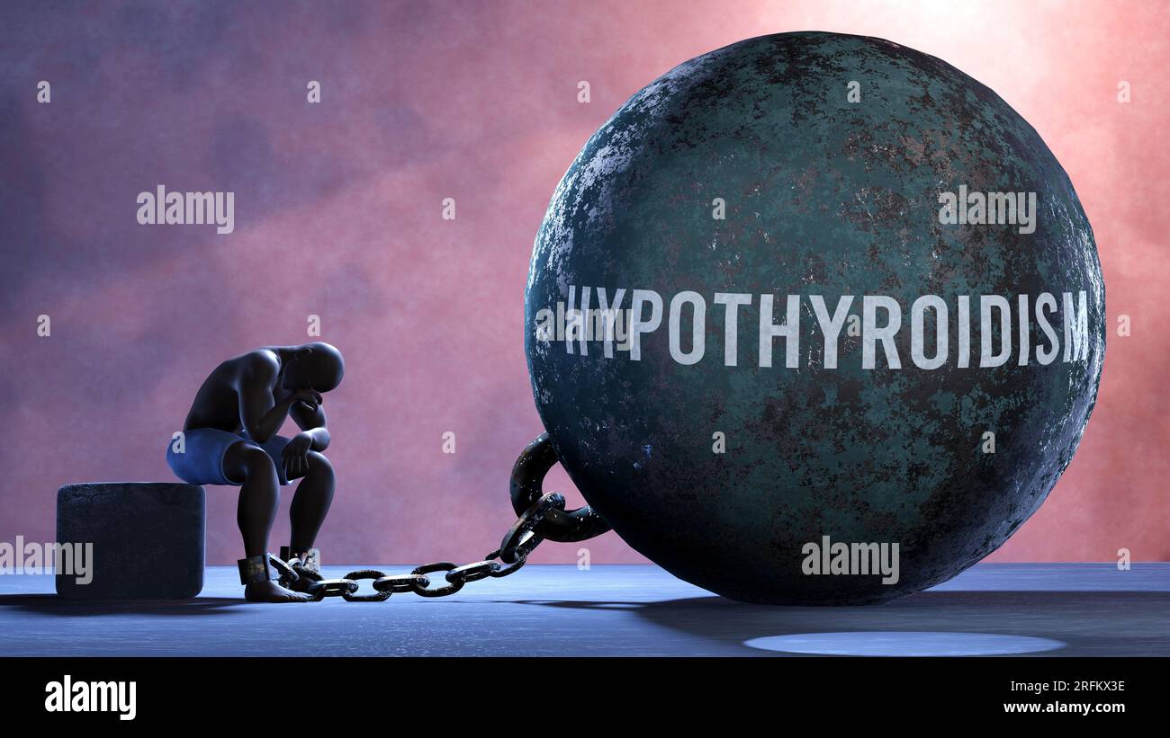 Hypothyreose - eine Metapher, die den menschlichen Kampf mit Hypothyreose zeigt. Resignierte und erschöpfte Person an Hypothyreose gekettet. Abgelassen und niedergedrückt Stockfoto