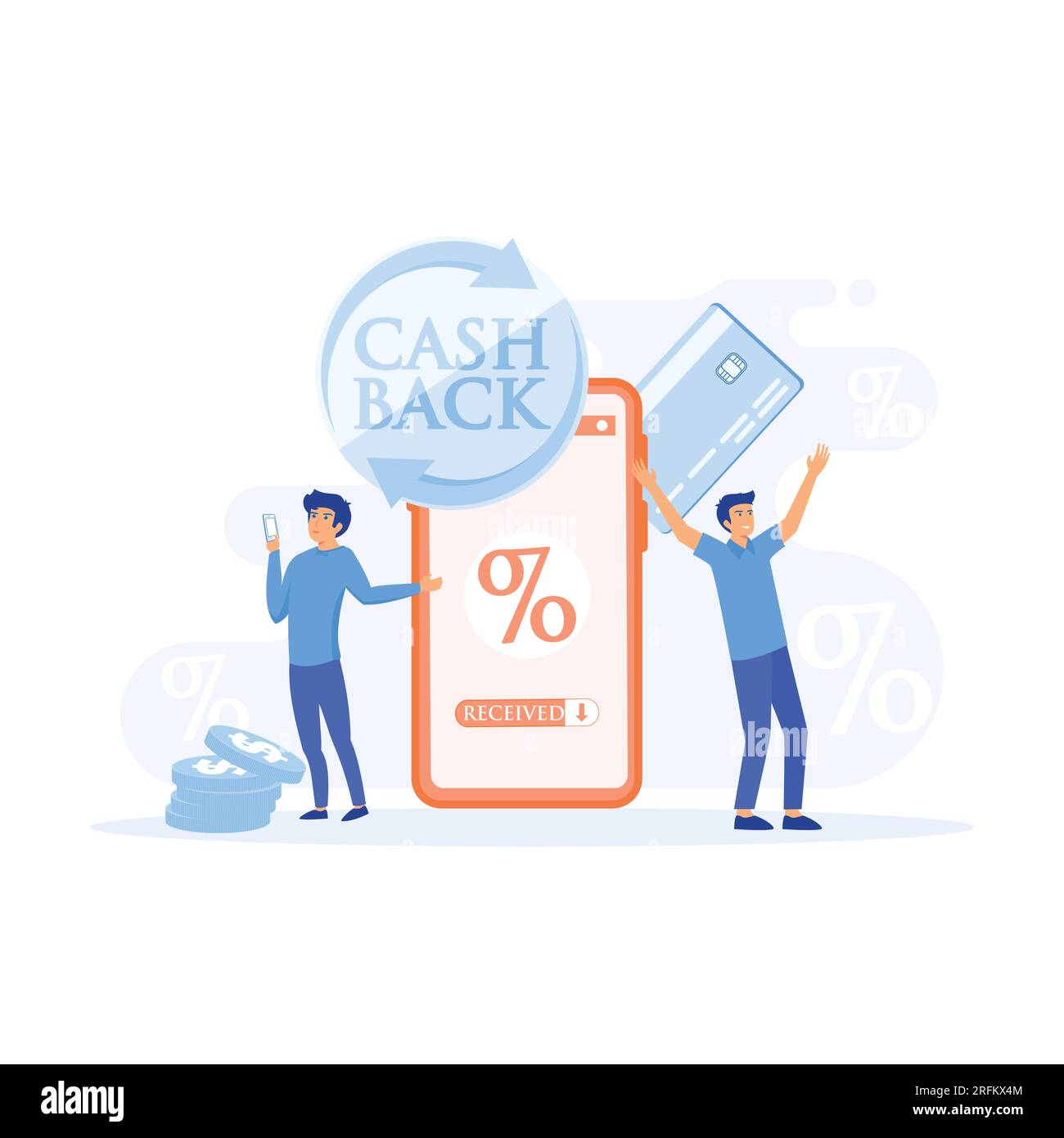 Online-Cashback-Konzept. Glückliche Leute, die Cashback für einen Käufer erhalten. Flache Vektoren, moderne Illustration Stock Vektor