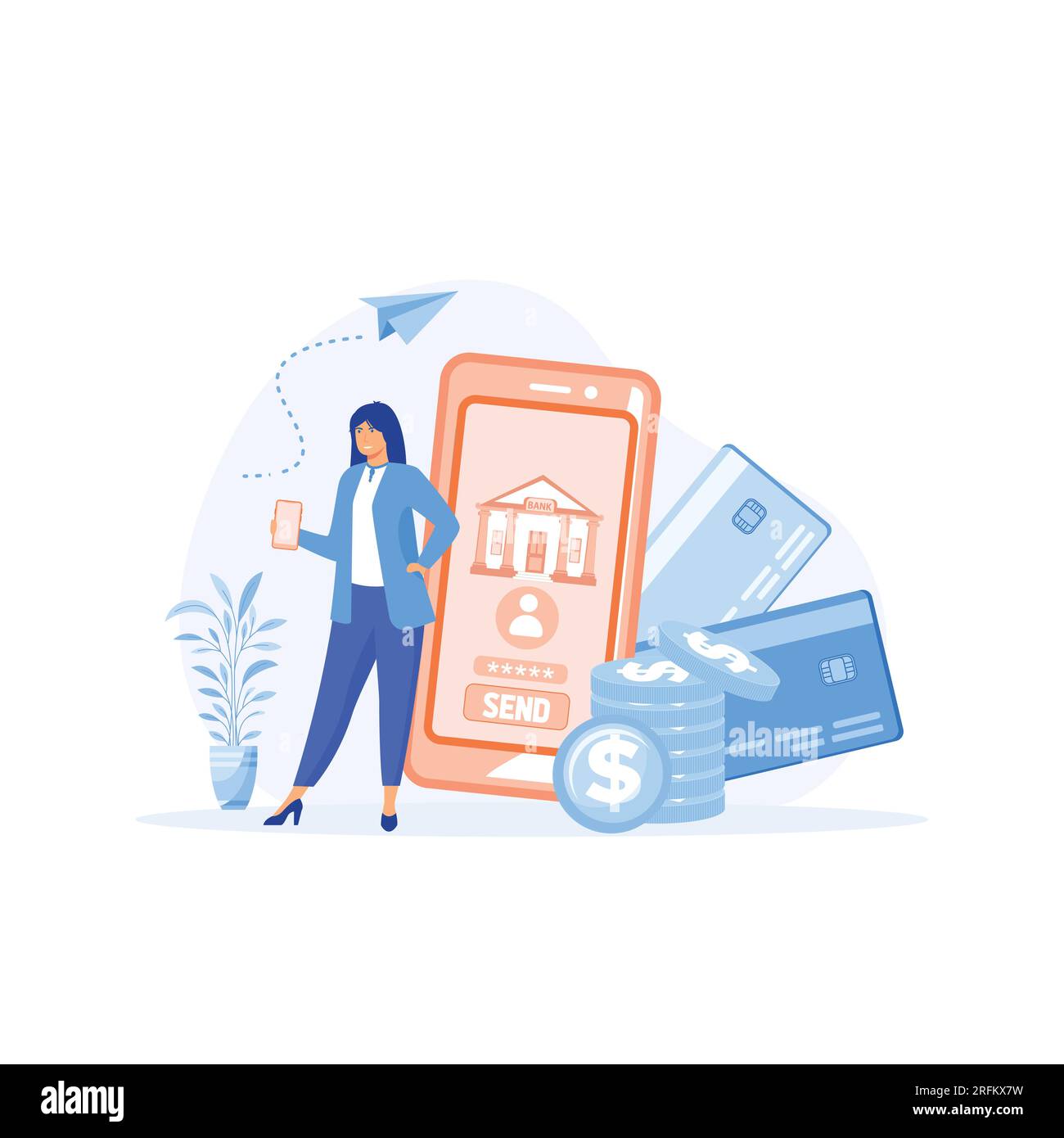 Mobile-Banking-Konzept. Frau bezahlt für Einkäufe oder sendet Geld mit der Smartphone-App. Online-Service für Finanzkonten. Flachvektor, moderne Illustration Stock Vektor