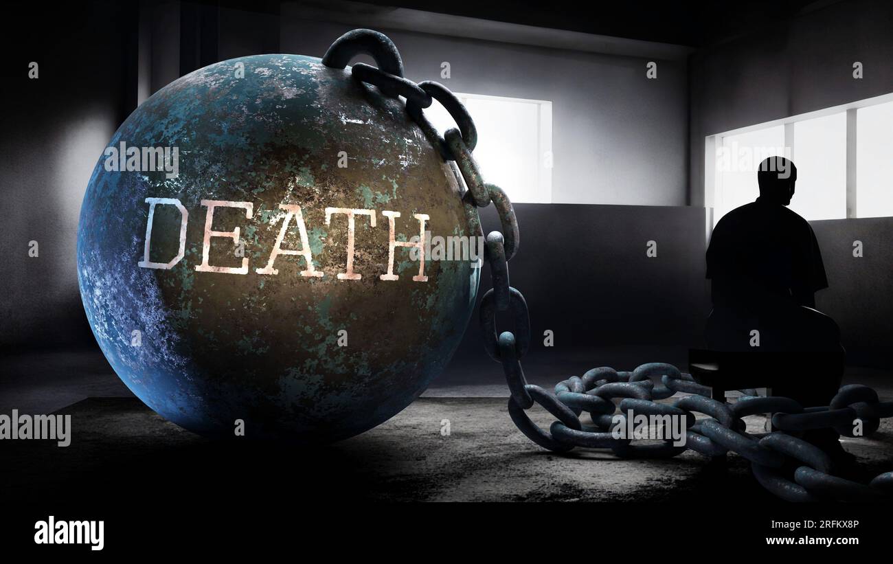 Der Tod - eine metaphorische Sicht des erschöpfenden menschlichen Kampfes mit dem Tod. Steuern und anstrengender Kampf gegen ein schweres Gewicht. Schmerz in Isolation und Einsamkeit Stockfoto