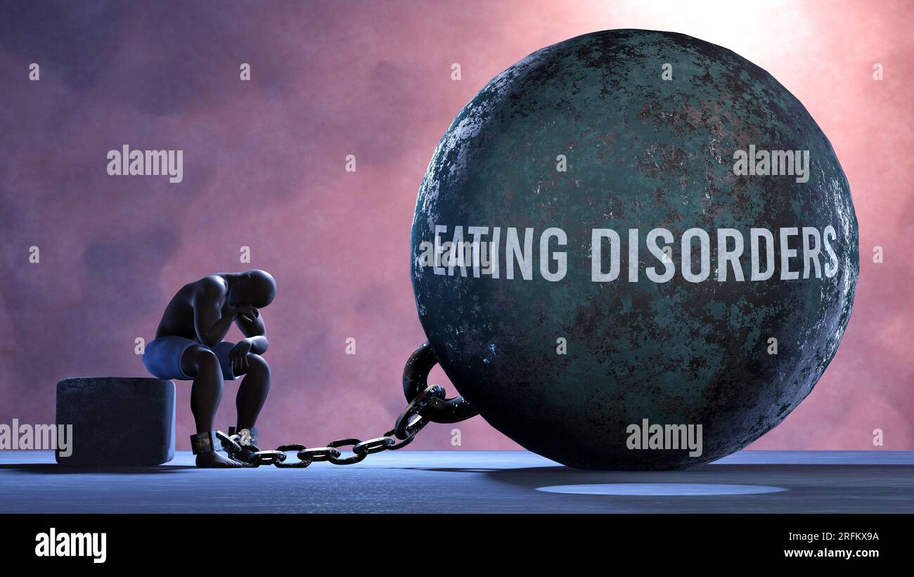 Essstörungen - eine Metapher, die den menschlichen Kampf mit Essstörungen zeigt. Resignierte und erschöpfte Person an Essstörungen gekettet. Abgelassen und abgesaugt Stockfoto