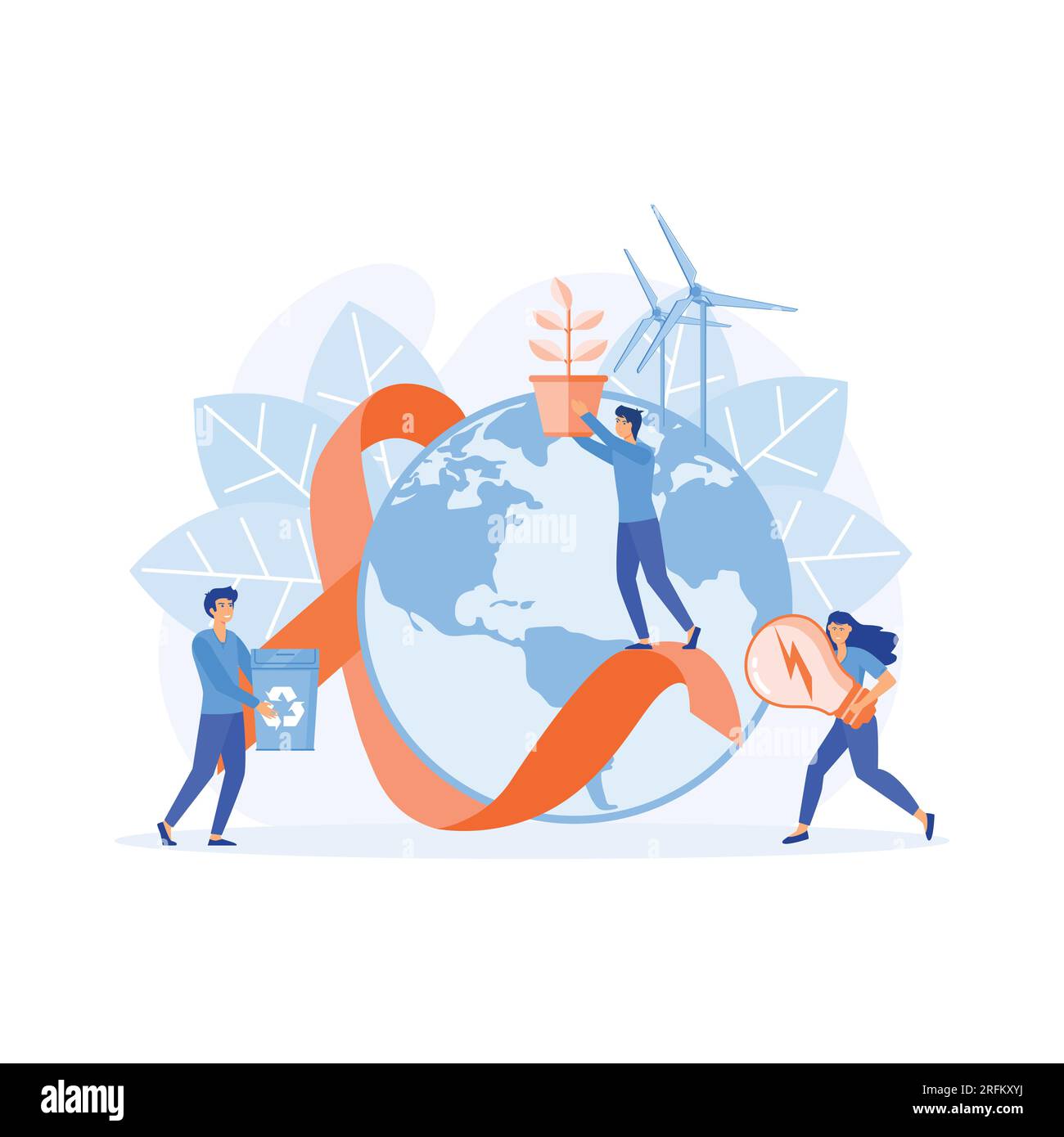 Konzept des Umweltbewusstseins und der Nachhaltigkeit. Umweltfreundliche Menschen mit Erdkugel, die unseren Planeten retten. Flache Vektoren, moderne Illustration Stock Vektor