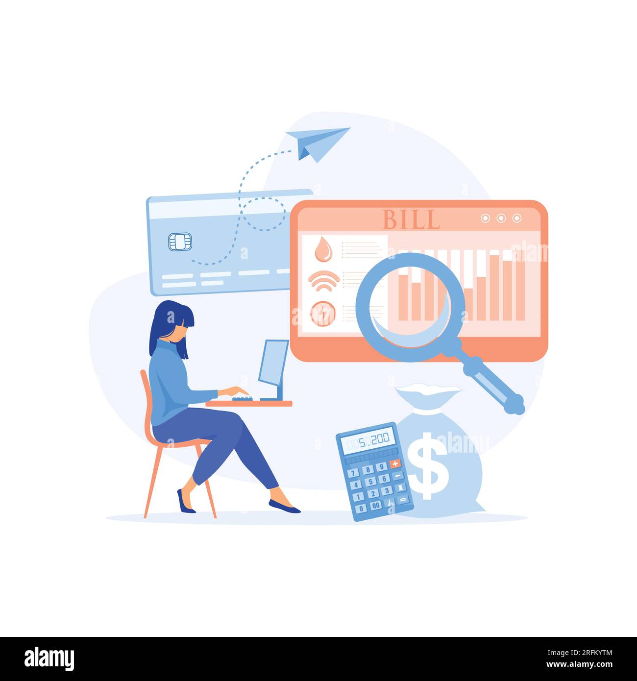 Eine Frau, die die Rechnungen von Versorgungsunternehmen online auf ihrem Computer überprüft und bezahlt, überprüft die Abrechnung. Flache Vektoren, moderne Illustration Stock Vektor