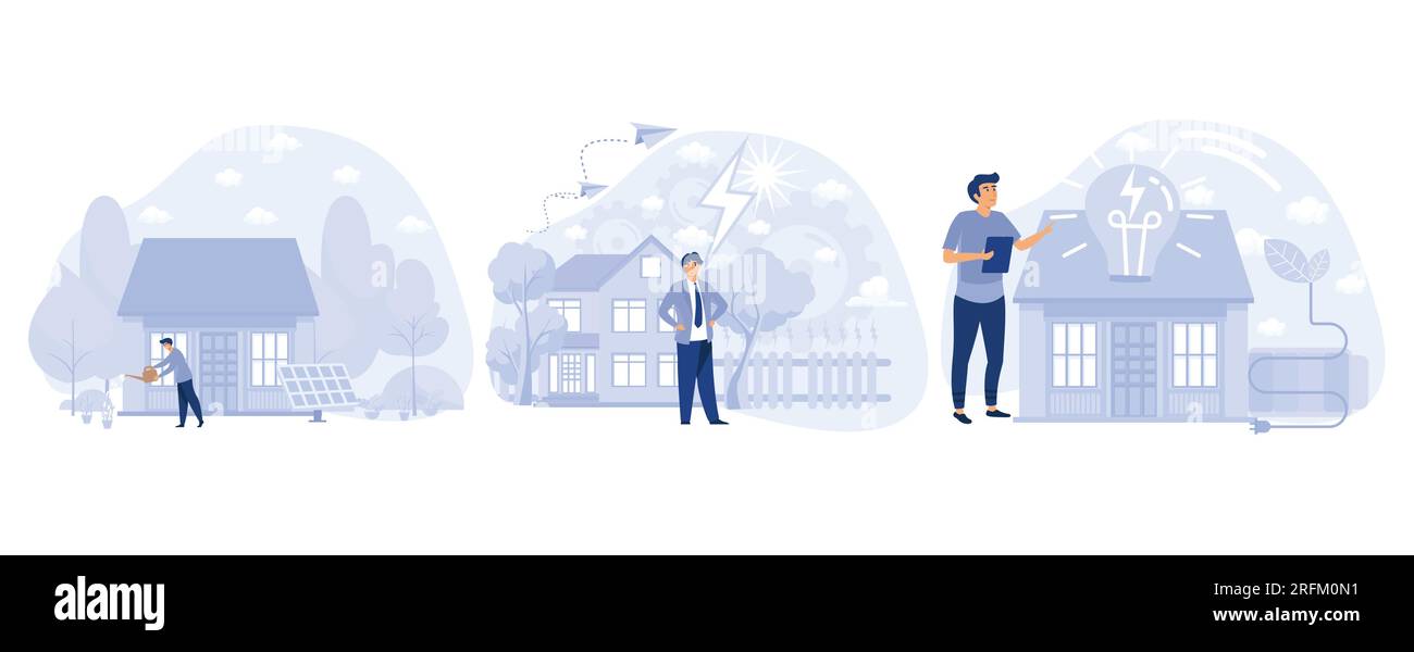 Umweltfreundliches Baukonzept, Eco House, Passiv- und Energy-plus-Gebäude, Abfallrecycling, Heizeffizienz, Flachvektormoder einstellen Stock Vektor