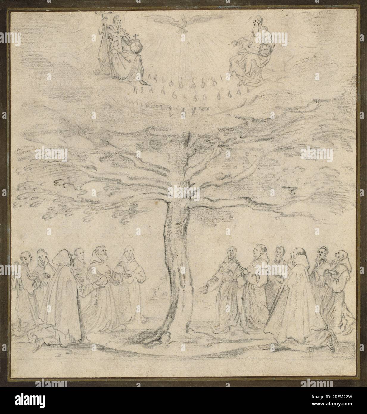 Jacques Callot, die Heilige Dreifaltigkeit im Baum des Lebens, von Franziskanern verehrt, c. 1625, schwarze Kreide auf liegendem Papier mit späterer Rahmenlinie in brauner Tinte, insgesamt: 20,3 x 19,2 cm (8 x 7 9/16 Zoll) Stütze: 28,7 x 25,8 cm (11 5/16 x 10 3/16 Zoll), Andrew W. Mellon Fund, 1968.18.16' Stockfoto