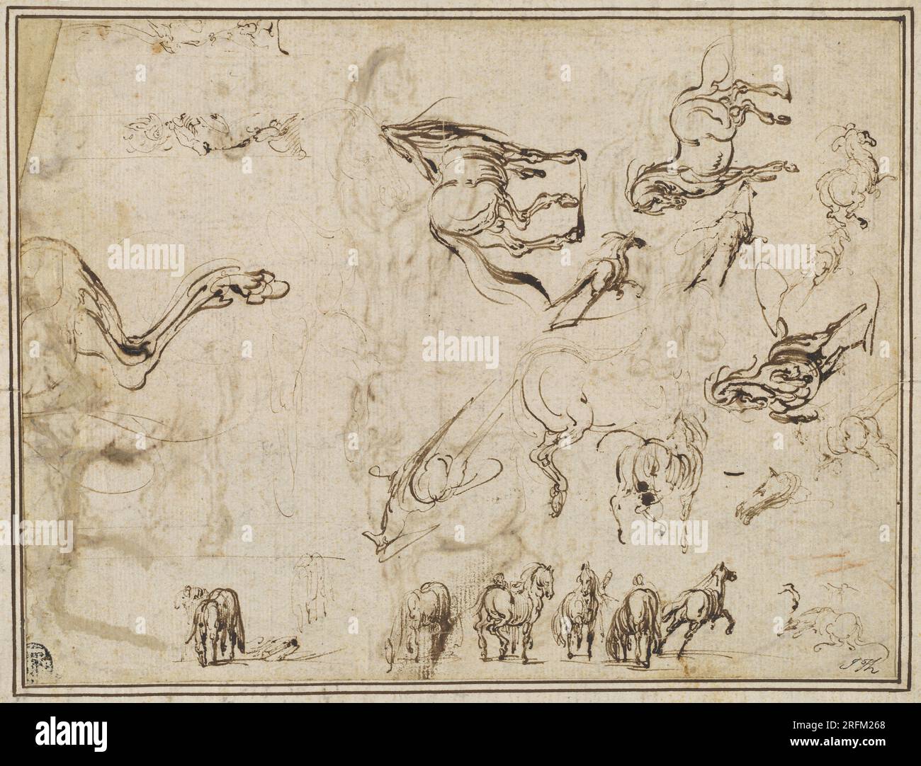 „Jacques Callot after Antonio Tempesta, Studies of Horses [Verso], c. 1612, Stift und braune Tinte auf liegendem Papier, Sichtgröße: 28,5 x 21,4 cm (11 1/4 x 8 7/16 Zoll) Stütze: 26,7 x 33,9 cm (10 1/2 x 13 3/8 Zoll), Ailsa Mellon Bruce Fund, 1981.51.1.b' Stockfoto