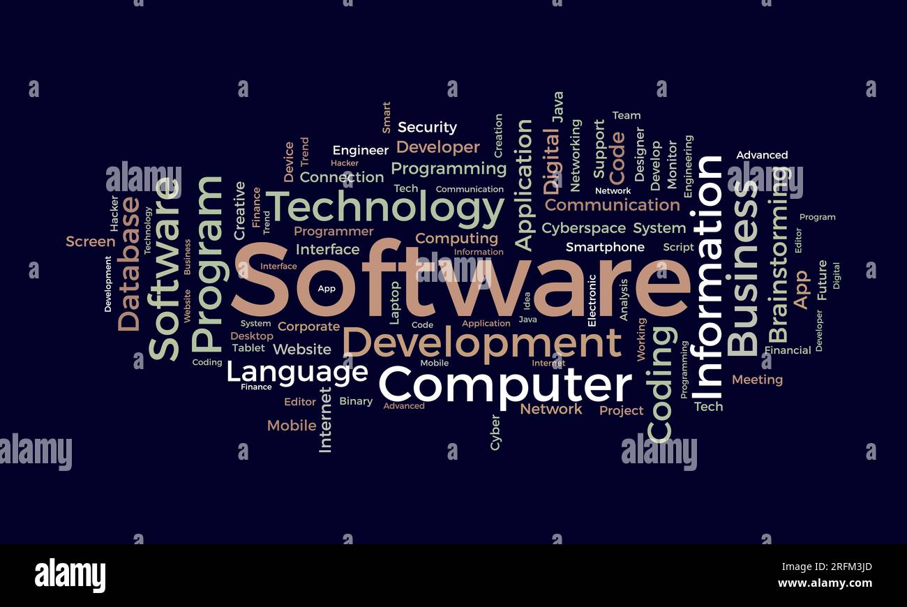 Word Cloud-Hintergrundkonzept für Software. Entwicklung der Computerprogrammierung von Cloud-Netzwerktechnologien. vektordarstellung. Stock Vektor
