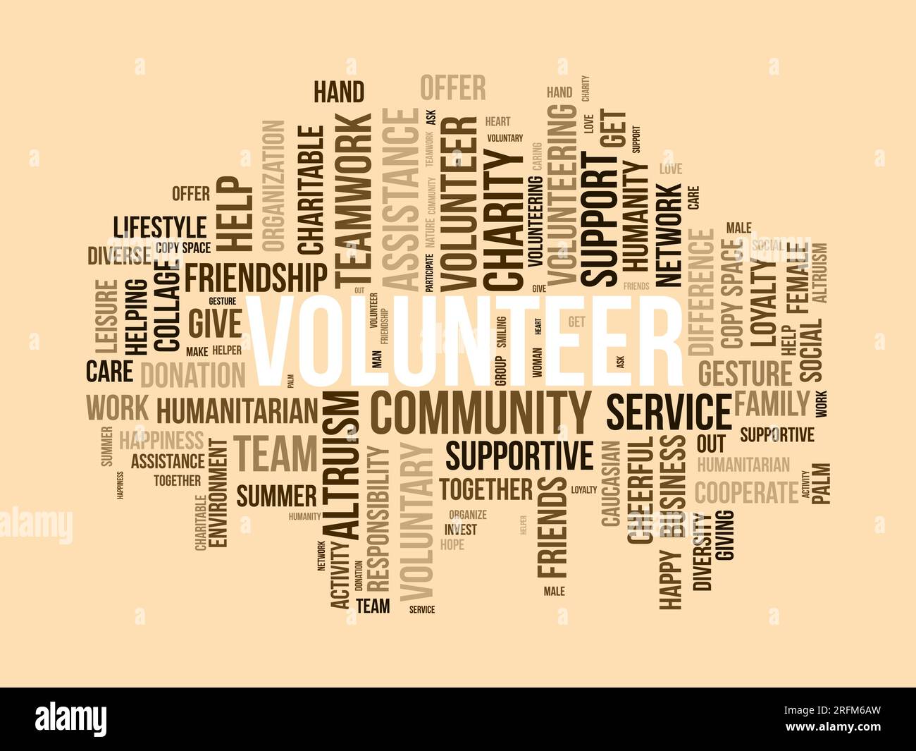 Word Cloud Hintergrundkonzept für Freiwillige. Wohltätigkeitshilfe, gemeinnützige Hilfe, humanitäre Hilfe. vektordarstellung. Stock Vektor