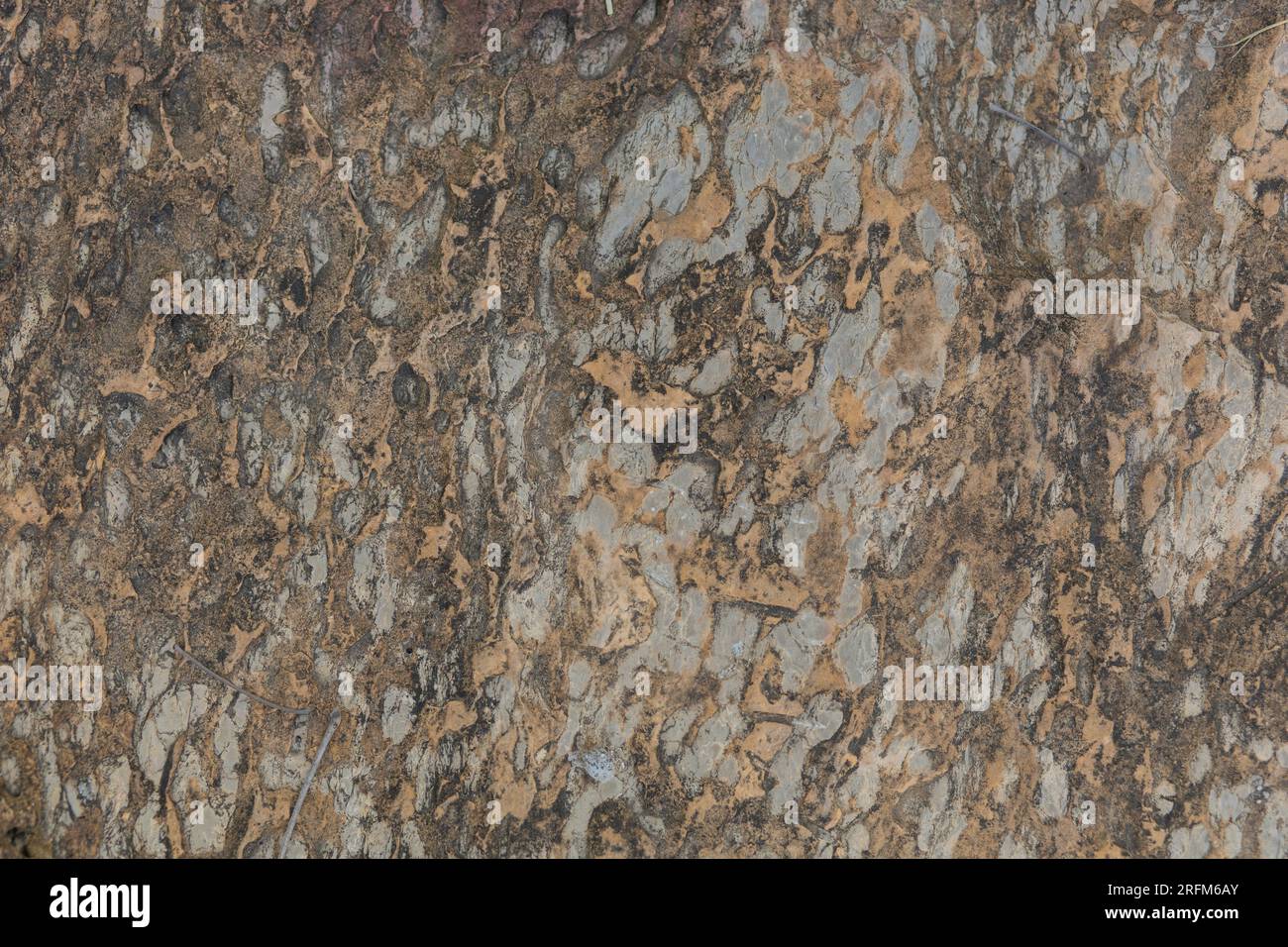 Die Oberfläche des gelben Steins weist Spuren von Alter und Alter auf. Stockfoto