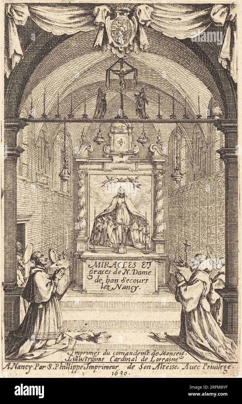 „Jacques Callot, Frontispiece for the Wracles and Graces of Our Lady of „Bon-Secours-les-Nancy“, Ätzen, Platte: 12,5 x 7,8 cm (4 15/16 x 3 1/16 Zoll) Blatt: 13,9 x 9,5 cm (5 1/2 x 3 3/4 Zoll), R.L. Baumfeld Kollektion, 1969.15.611 M Stockfoto