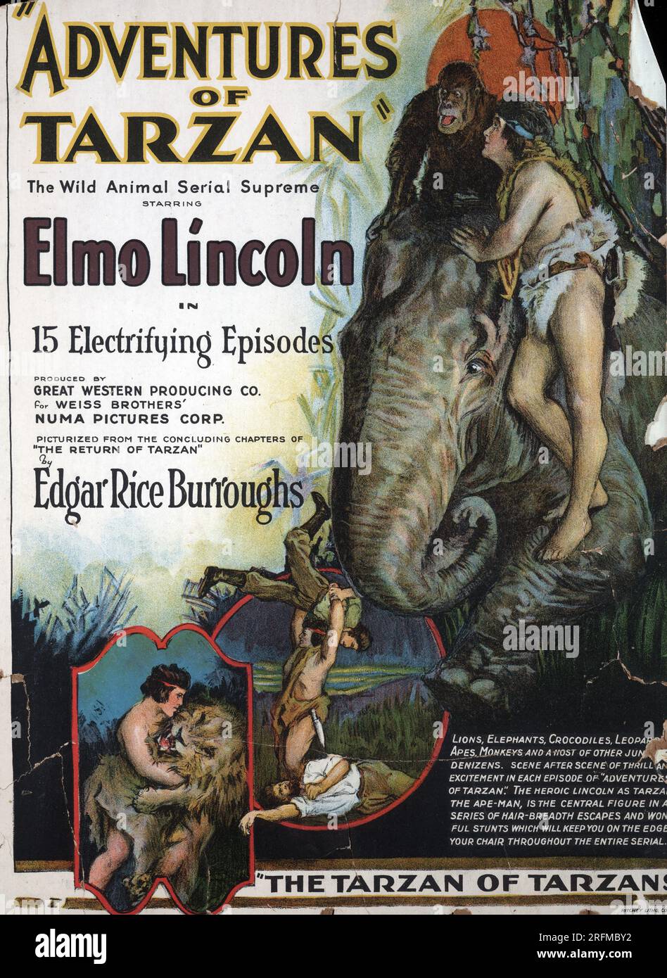 Abenteuer von Tarzan von Edgar Rice Burroughs, 1875-1950, Autor 1921. Fenster Karte für Motion Picture' Abenteuer von Tarzan' zeigt Tarzan in Szenen aus dem Film, im Kampf mit einem Löwen, Reiten auf einem Elefanten, und kämpfen zwei Männer. Stockfoto