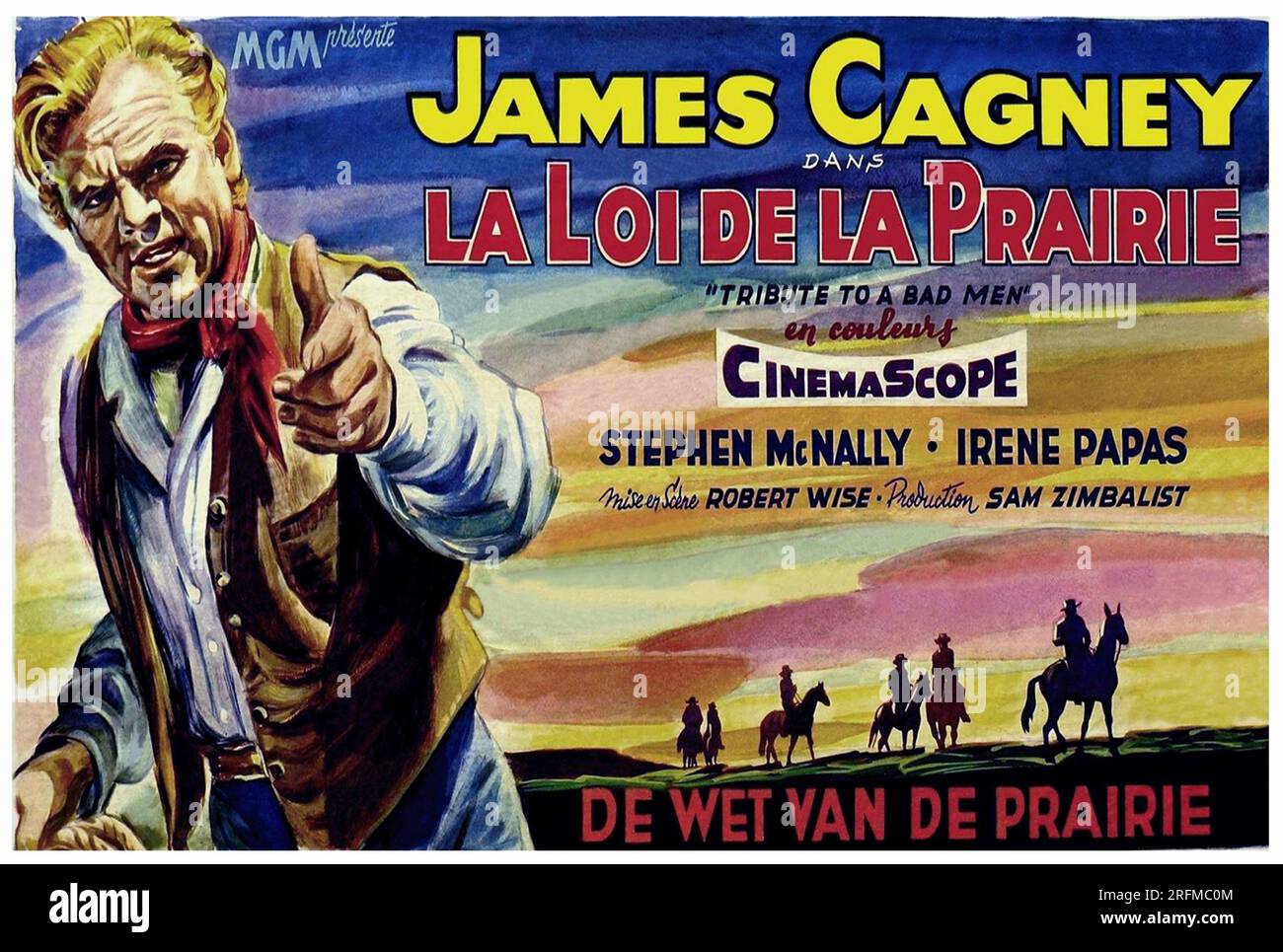 James Cagney im Film „La Loi De La Prairie“ aus dem Jahr 1956 (Tribut an einen bösen Mann). Französisches Poster Stockfoto