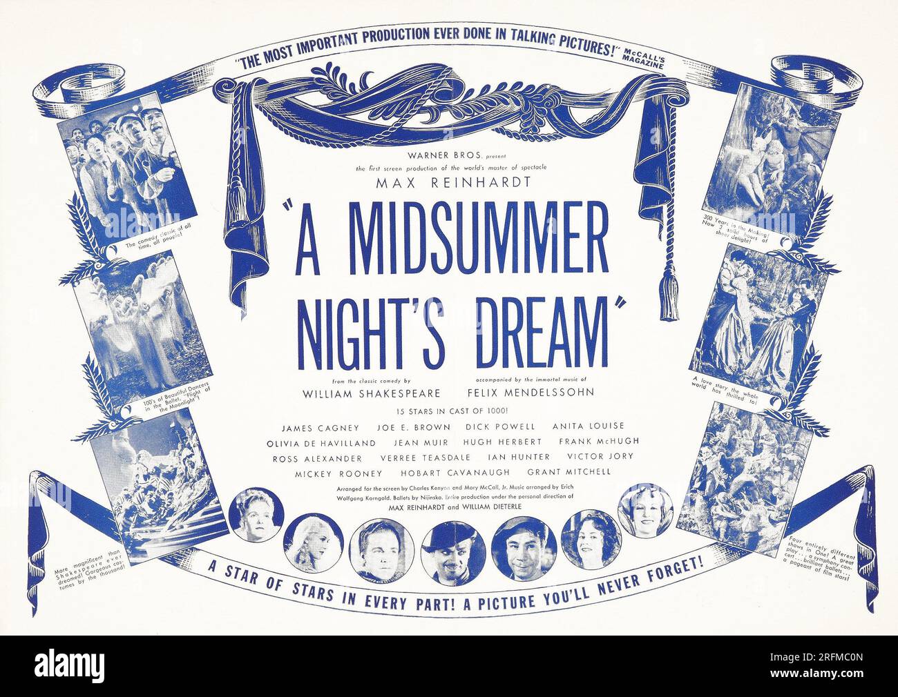 Lobbykarte für Max Reinhardts "A Midsummer Night’s Dream" (1935). A Midsummer Night's Dream ist ein amerikanischer Film aus dem Jahr 1935 über William Shakespeares Stück, Regie Max Reinhardt und William Dieterle. Produziert von Henry Blanke und Hal Wallis für Warner Brothers und angepasst von Charles Kenyon und Mary C. McCall Jr. aus Reinhardts Hollywood Bowl-Produktion im Vorjahr. Felix Mendelssohns Musik wurde von Erich Wolfgang Korngold reorchestriert. Stockfoto