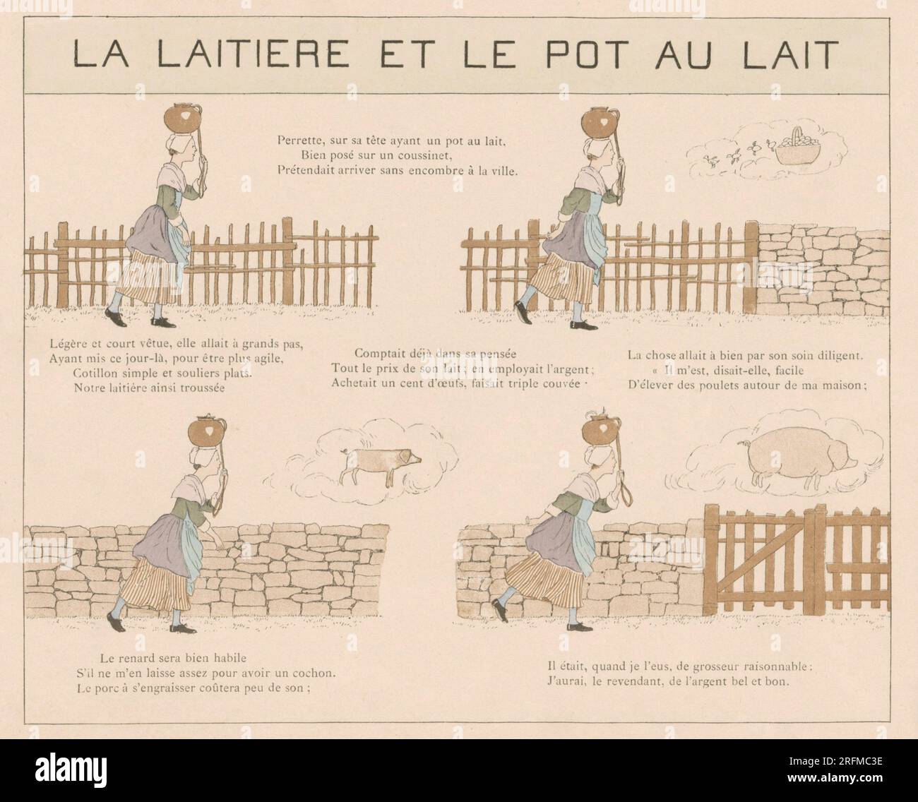 Die Milchmagd und ihr Eimer, Teller I.. Teller illustriert von Louis-Maurice Boutet de Monvel und veröffentlicht in „La Fontaine: Fables Choisies pour les enfants“ von Plon, Nourrit et Cie (Paris) im Jahr 1888. Stockfoto