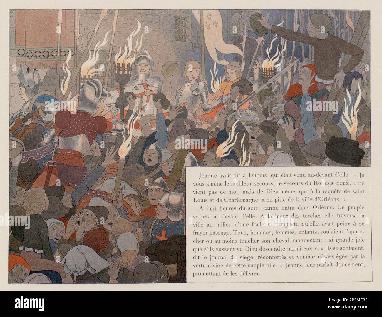 Um acht Uhr abends betrat Jeanne Orléans. Die Leute eilten, um sie zu treffen." Illustration veröffentlicht im Buch „Jeanne d'Arc“ von Louis-Maurice Boutet de Monvel, veröffentlicht von Plon, Nourrit & Cie im Jahr 1896. Stockfoto