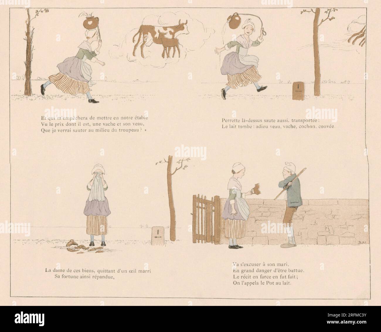 Die Milchmagd und ihr Eimer, Teller II Teller illustriert von Louis-Maurice Boutet de Monvel und veröffentlicht in „La Fontaine: Fables Choisies pour les enfants“ von Plon, Nourrit et Cie (Paris) im Jahr 1888. Stockfoto