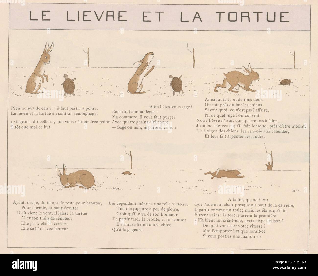 Hase und Schildkröte. Teller illustriert von Louis-Maurice Boutet de Monvel und veröffentlicht in „La Fontaine: Fables Choisies pour les enfants“ von Plon, Nourrit et Cie (Paris) im Jahr 1888. Stockfoto