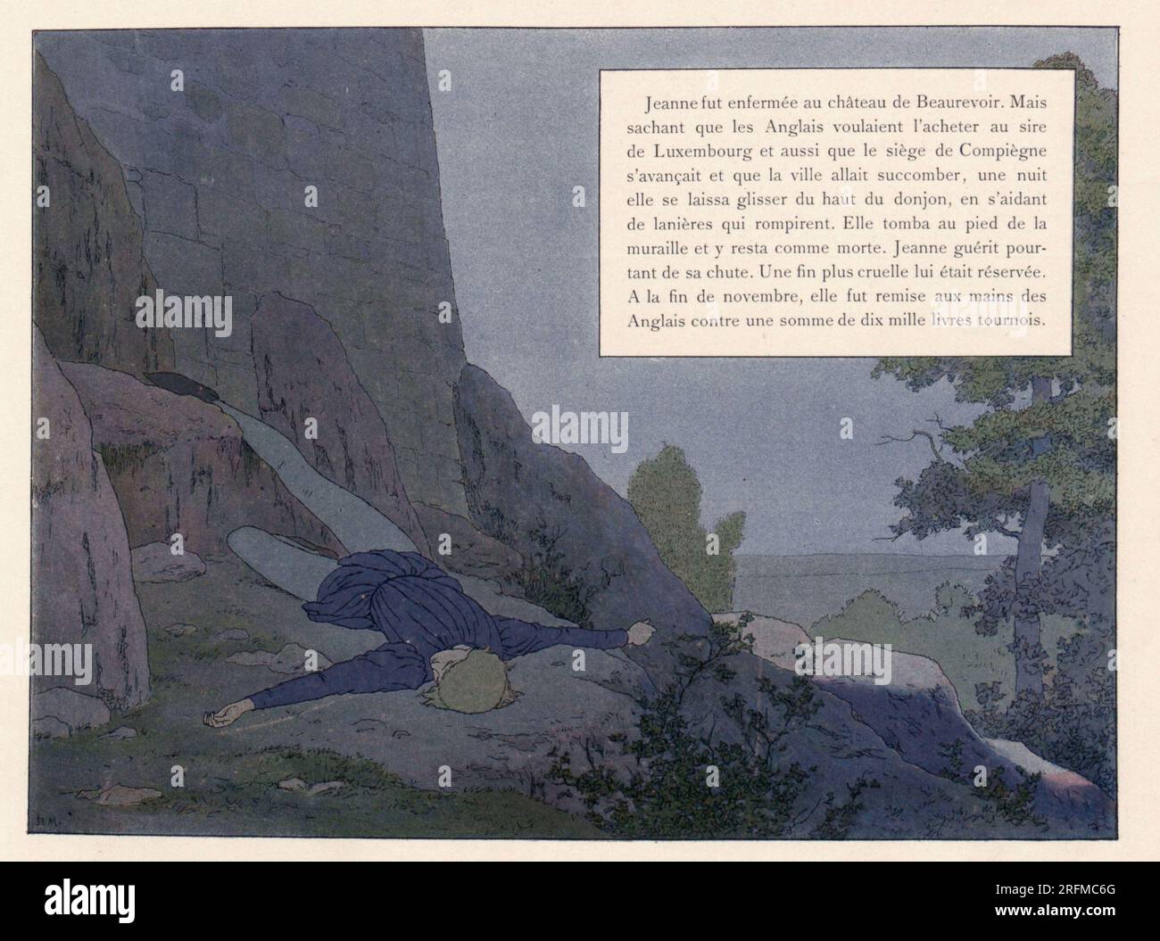 Jeanne d'Arc stürzte während ihres Fluchtversuchs von der Mauer des Château de Beaurevoir. Illustration veröffentlicht im Buch „Jeanne d'Arc“ von Louis-Maurice Boutet de Monvel, veröffentlicht von Plon, Nourrit & Cie im Jahr 1896. Stockfoto