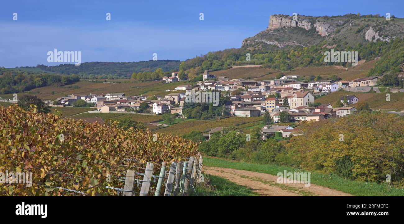 Frankreich, Saône-et-Loire (71), Solutré-Pouilly, le Village et la roche de Solutré vue depuis le vignoble Pouilly-Fuissé / Frankreich, Saône-et-Loire Solutré-Pouilly, das Dorf und der Felsen von Solutré aus dem Weinberg Pouilly-Fuissé Stockfoto