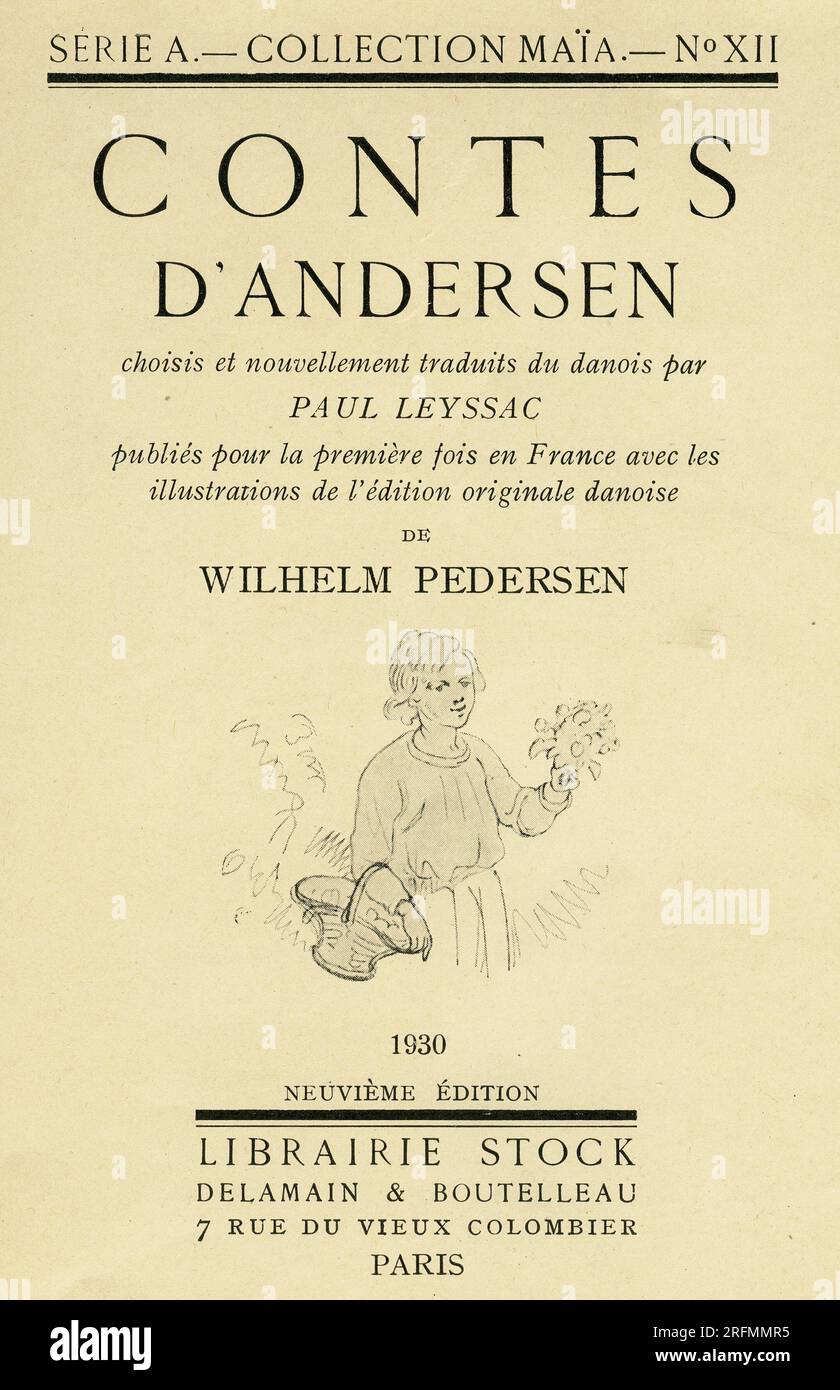 Titelseite von Hans Christian Andersens "Contes". Französische Ausgabe von 1930 übersetzt von Paul Leyssac und mit Illustrationen aus der dänischen Originalausgabe von Wilhelm Pedersen. Stockfoto