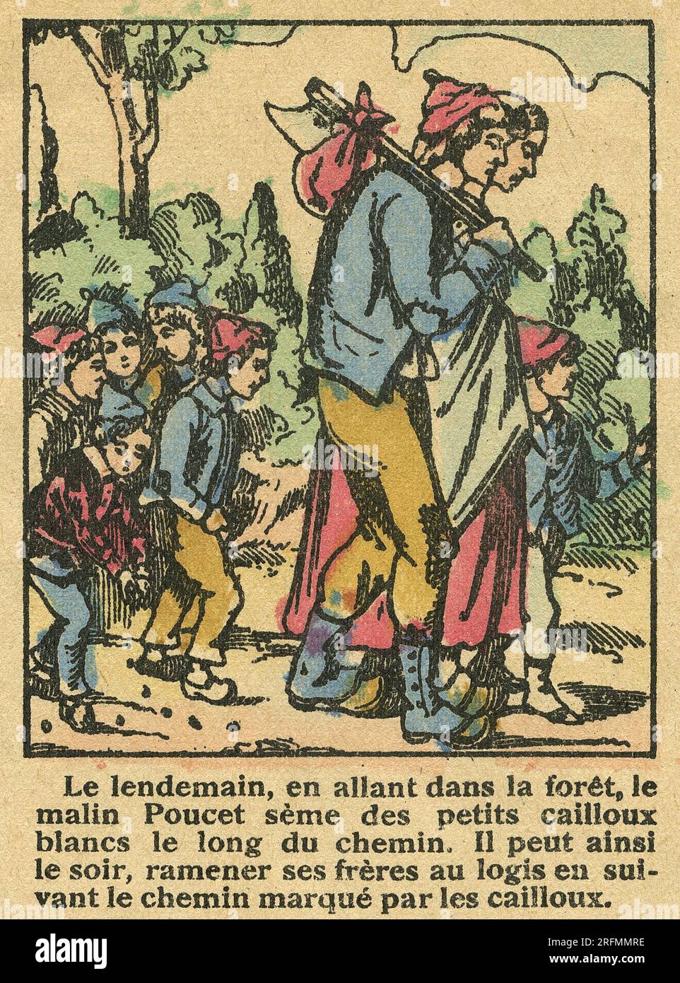 'Hop-o'-mein-Daumen': Die Eltern, gefolgt von ihren sieben Kindern, gehen in den Wald. Daumen sät Kiesel. Epinalbild aus dem „Histoire du Petit Poucet“, geschrieben von Charles Perrault, von einer Illustration von Charles Pinot und veröffentlicht zwischen 1875 und 1888. Stockfoto