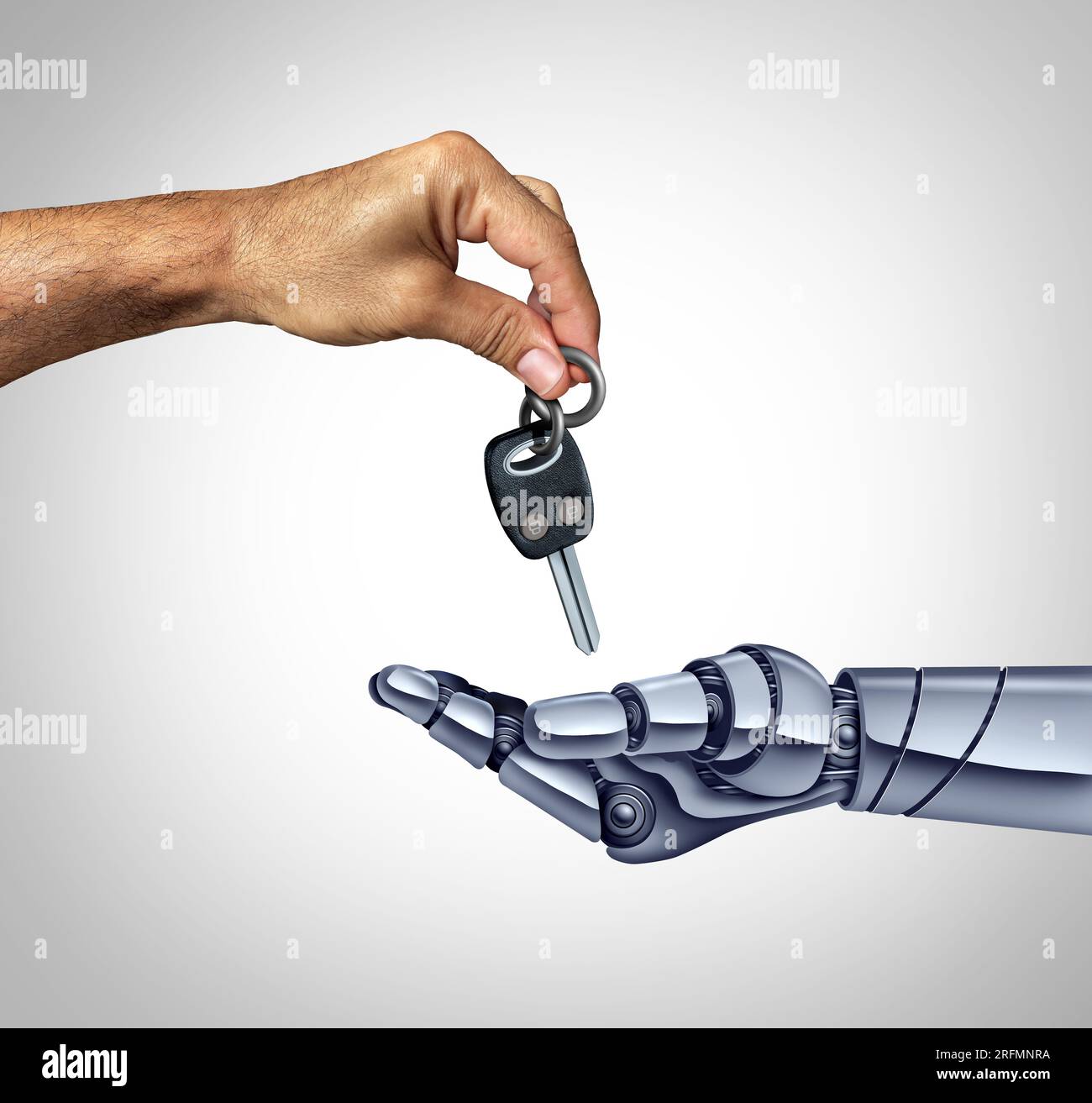 Selbstfahrender Roboter und Roboter-Fahrer als Mensch, der die Schlüssel eines selbstfahrenden autonomen Fahrzeugs und eines fahrerlosen Autos an eine künstliche oder künstliche Intelligenz übergibt Stockfoto