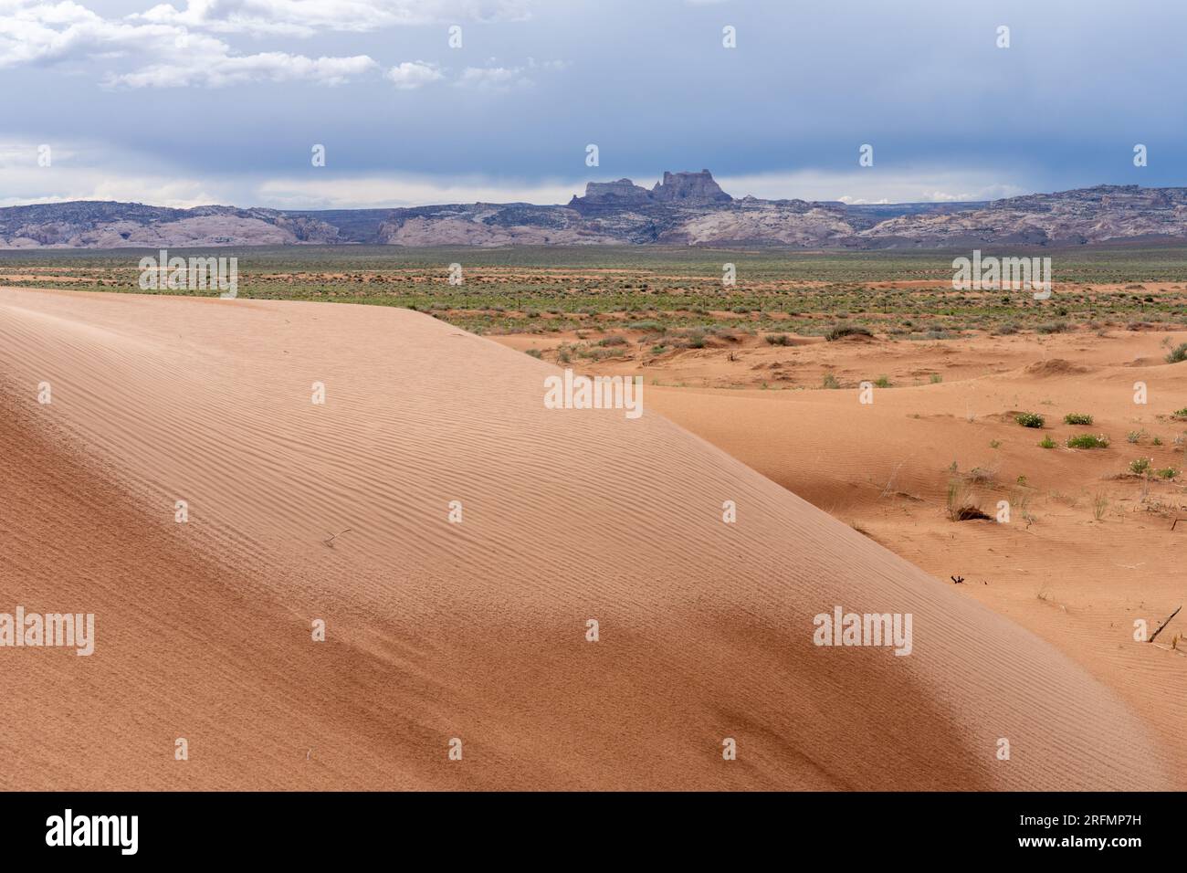 Verwüstete Sanddünen in der San Rafael Wüste mit Sturmwolken über Temple Mountain und dem San Rafael Reef in der Nähe von Hanksville, Utah. Stockfoto